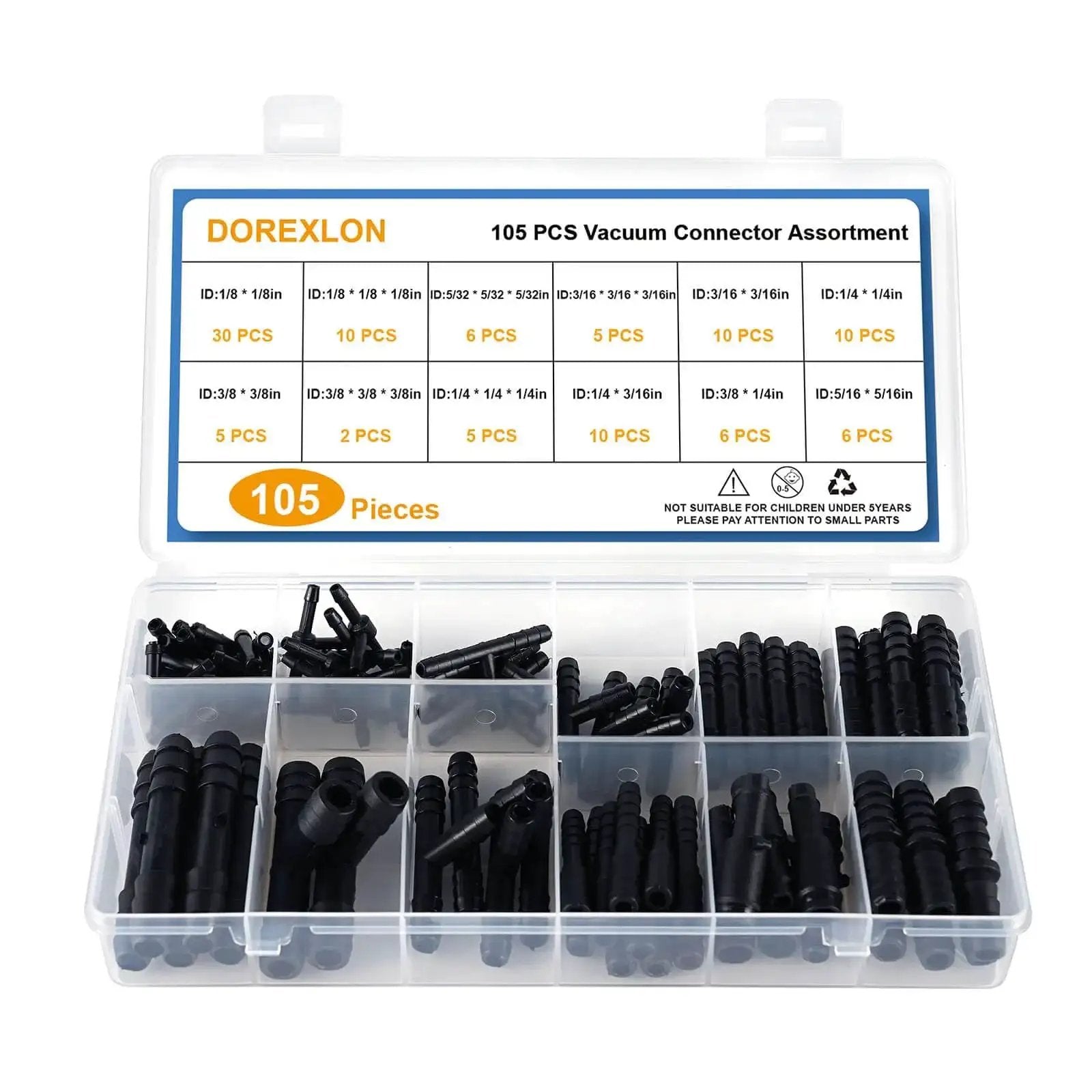 105 Piece Automotive Vacuum Connector Kit With 12 Sizes From 1 8 Inch To 3 8 Inch Nylon Vacuum Tubing Connectors in storage case