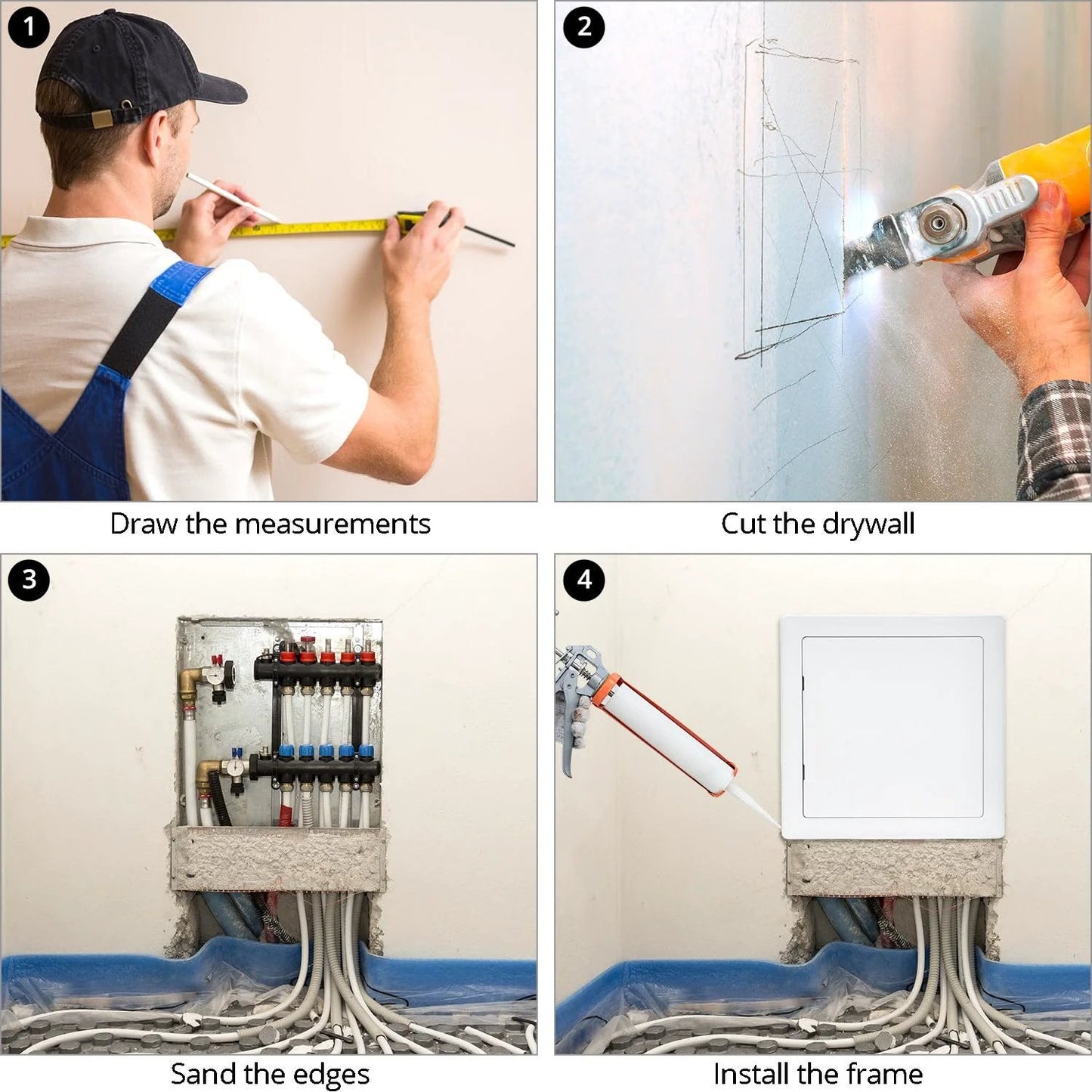 Installation process of 10x10 Inch Plastic Access Panel for Drywall Removable Wall Door For Plumbing And HVAC By QWORK Built Tough ABS Plastic
