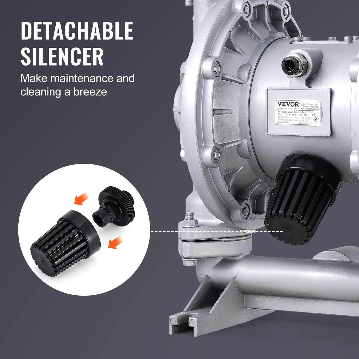 Air Operated Double Diaphragm Pump, 44GPM, Max 115PSI Air Waste Oil Pneumatic Transfer Pump with detachable silencer feature close-up