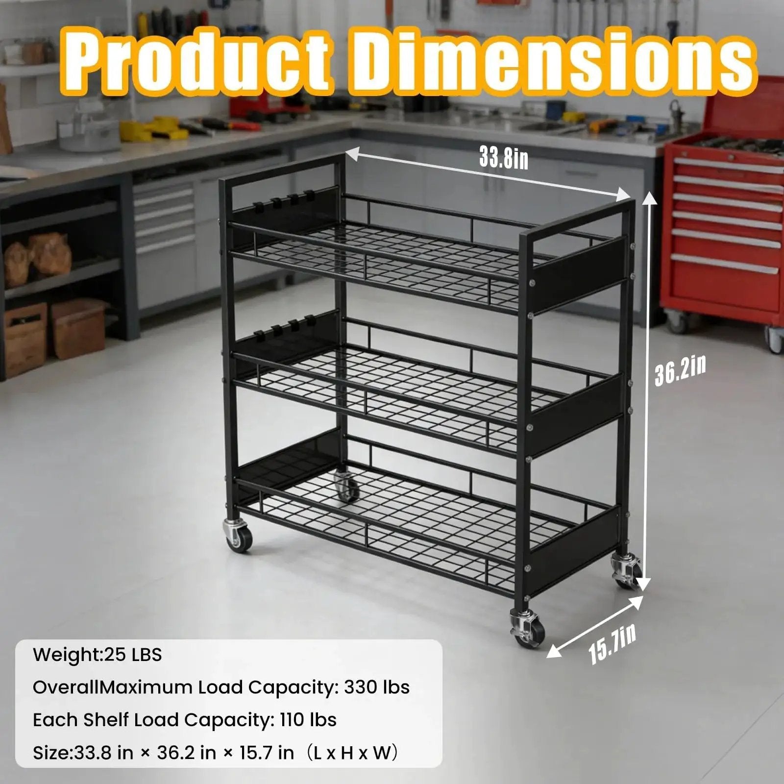 Heavy Duty 3 Tier Metal Utility Cart With Locking Casters And 330 Lbs Load Capacity Rolling Storage Organizer in workshop