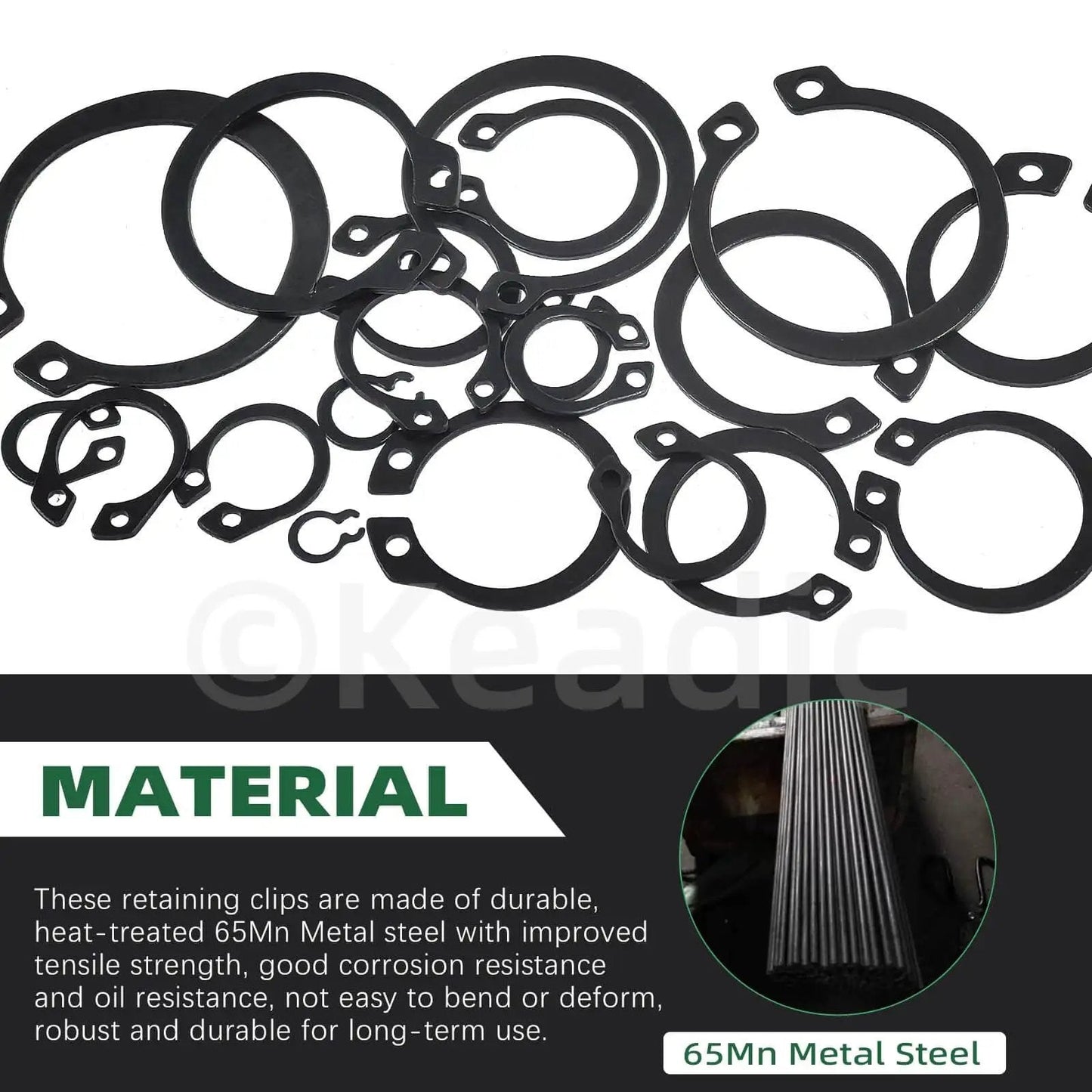 Alloy Steel C Clip Retaining Ring Kit 266 Pieces 21 Sizes From M4 To M28 External Circlips displayed with material info