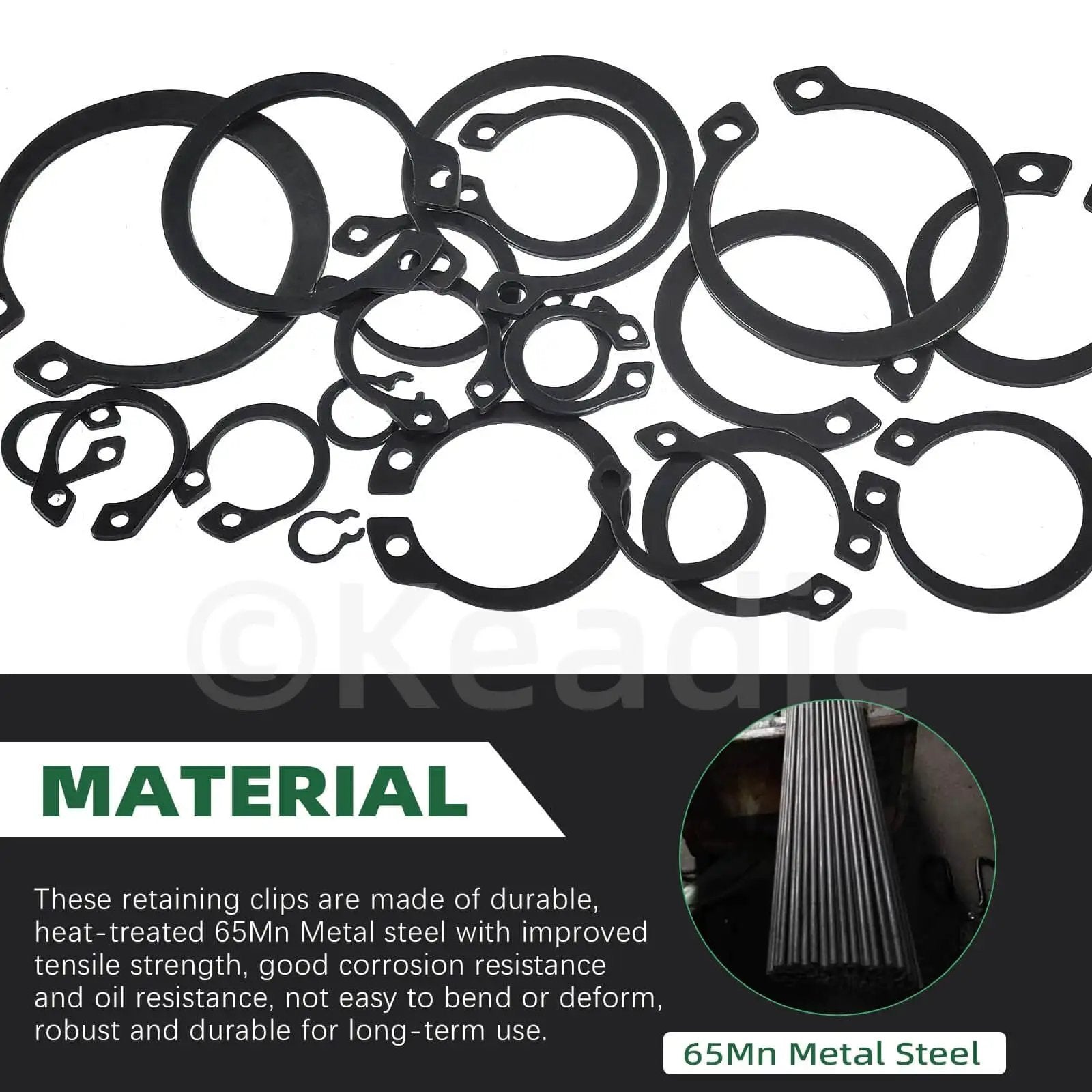 Alloy Steel C Clip Retaining Ring Kit 266 Pieces 21 Sizes From M4 To M28 External Circlips displayed with material info