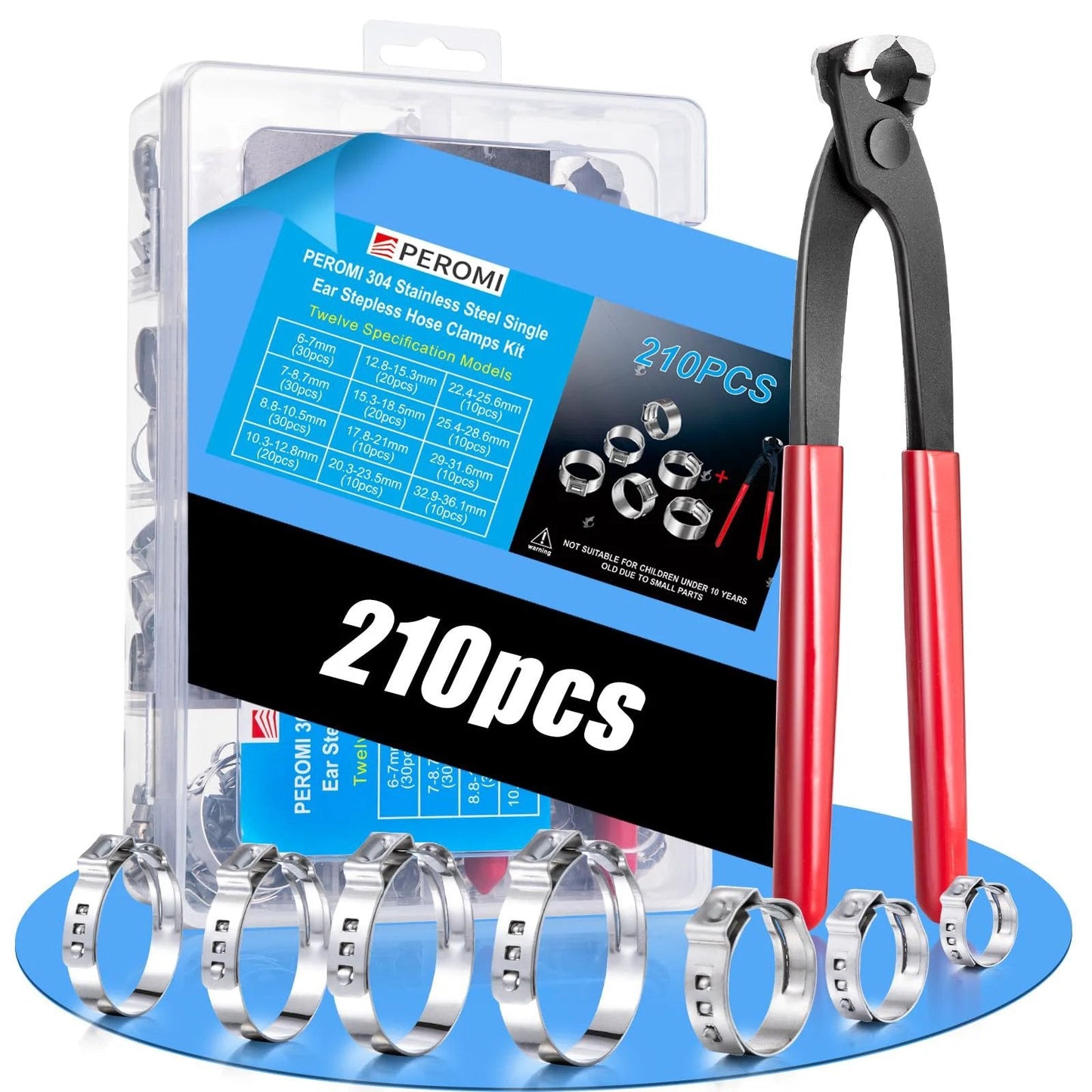 210 Piece Stainless Steel Hose Clamp Kit with 12 Sizes From 6 mm To 36.1 mm Stepless Adjustable Cinch Clamps and Pincer Tool