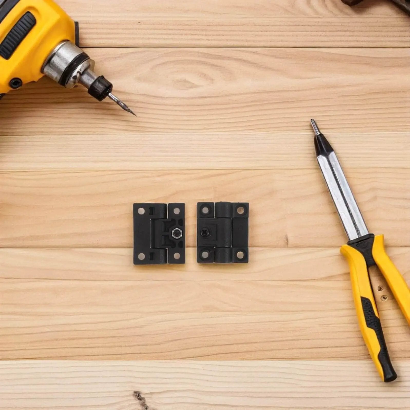 Torque Ball Bearing Hinge For Cabinets With 90 Degree Adjustable Positioning, Plastic Black Hinges Pair On Wooden Surface