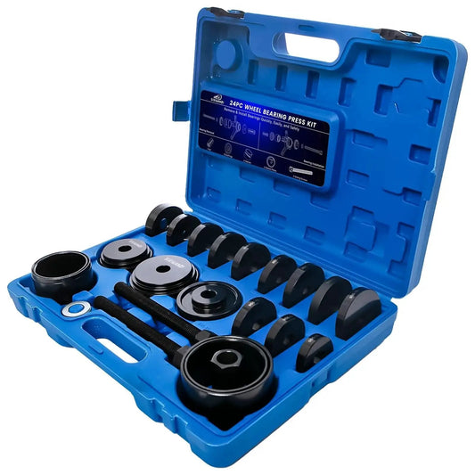 24 Piece Wheel Bearing Press Kit for Easy Front Wheel Bearing Removal and Installation, front view of open blue case with sleeves and bushings