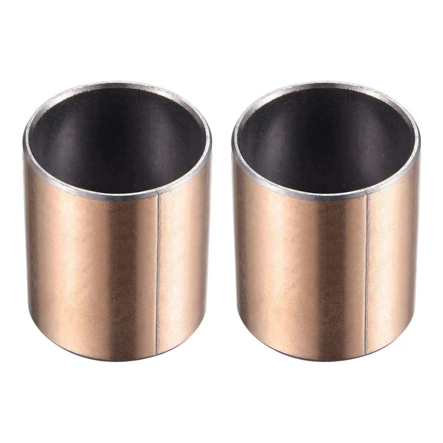 Two oilless sleeve bearings 35mm bore, 39mm OD, carbon steel with bronze sintered coating, for high load and low friction applications.