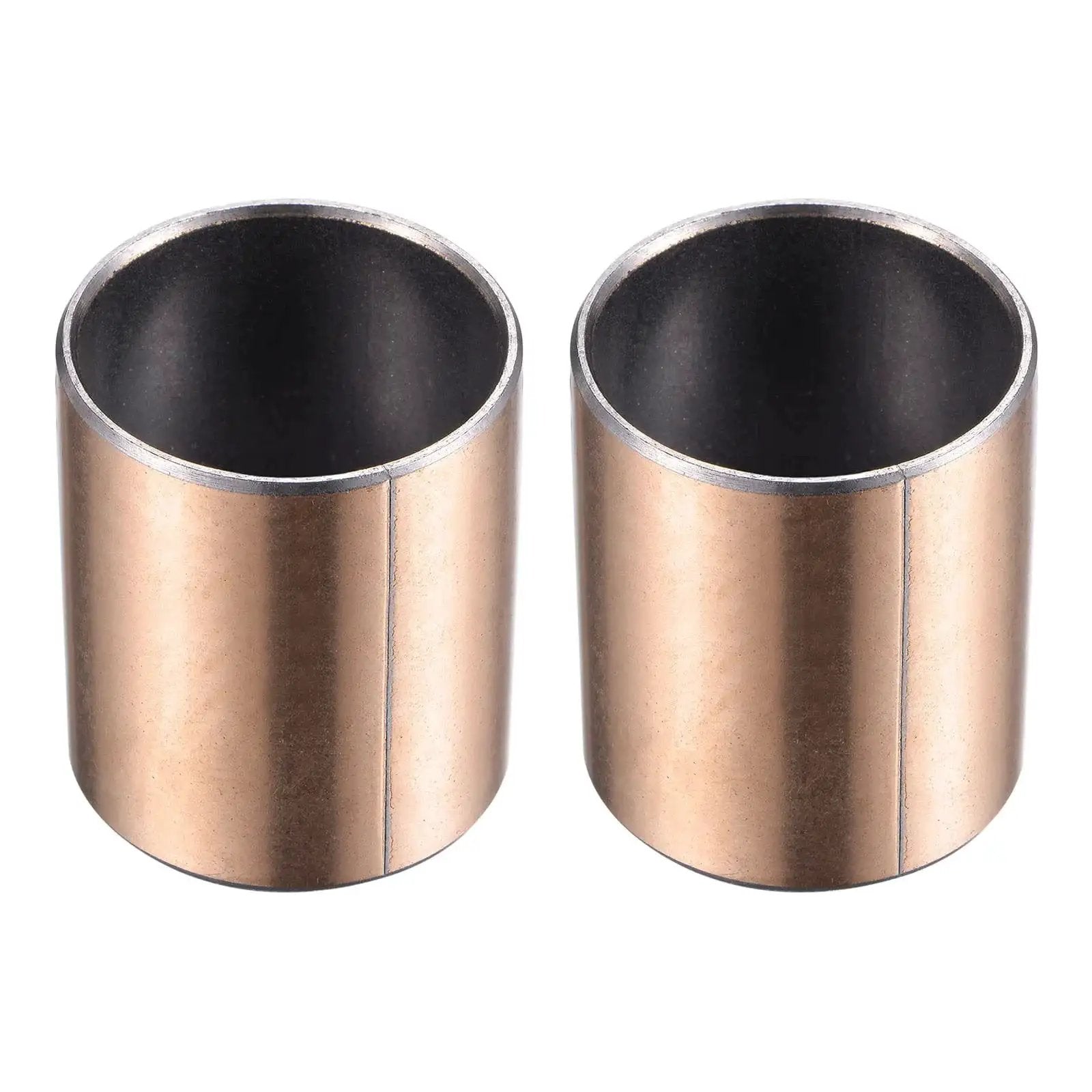 Two oilless sleeve bearings 35mm bore, 39mm OD, carbon steel with bronze sintered coating, for high load and low friction applications.