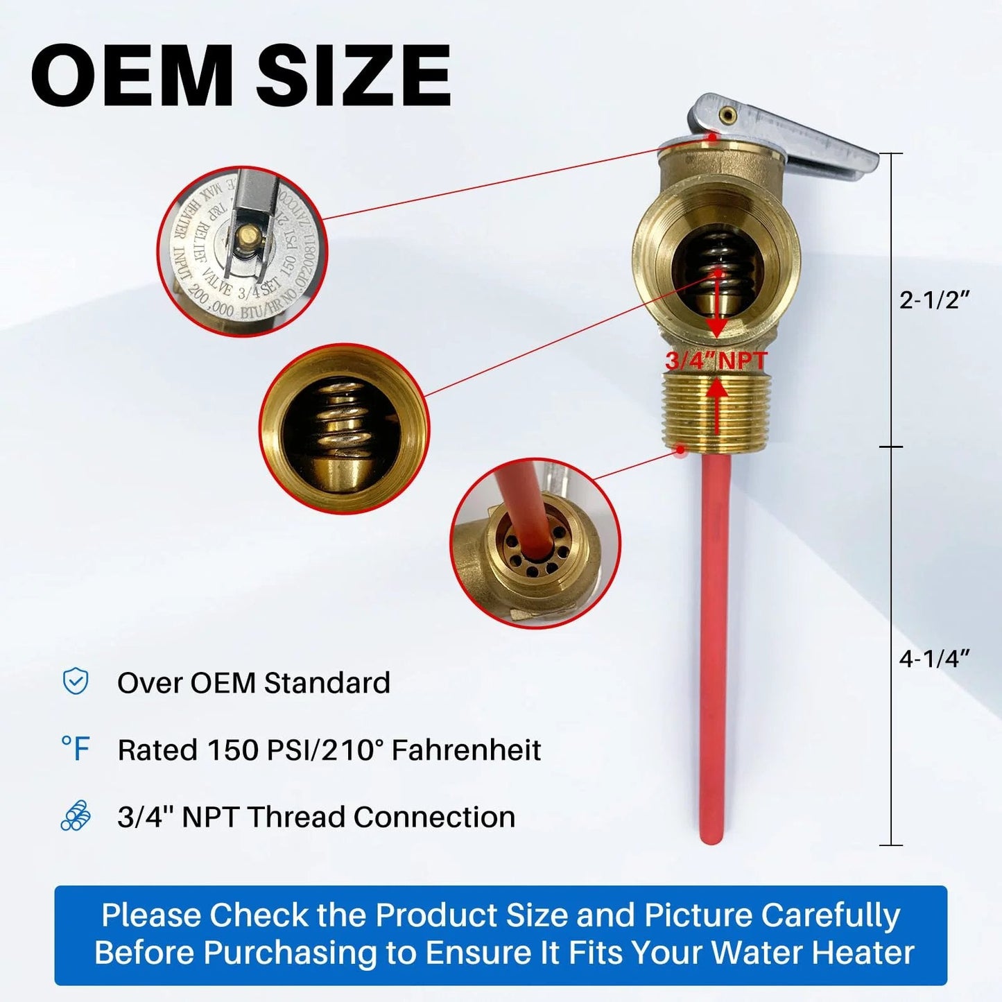 Beefed-Up Three Quarter Inch NPT Temperature And Pressure Relief Valve For RV Water Heaters with extended probe and brass body
