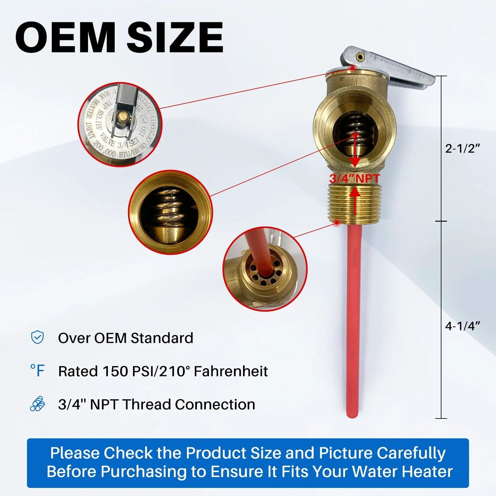 Beefed-Up Three Quarter Inch NPT Temperature And Pressure Relief Valve For RV Water Heaters with extended probe and brass body