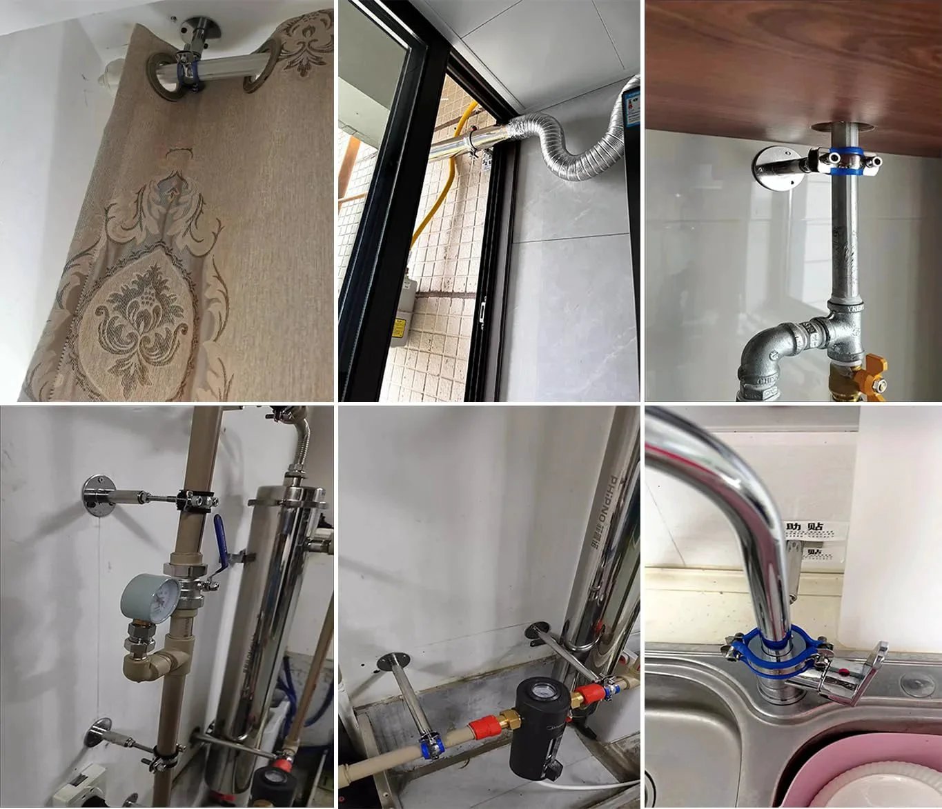 Stainless Steel 304 Wall And Ceiling Pipe Mounts Two Pack, Adjustable Pipe Clamps And Hangers for 48 to 51 mm OD Pipes installed.
