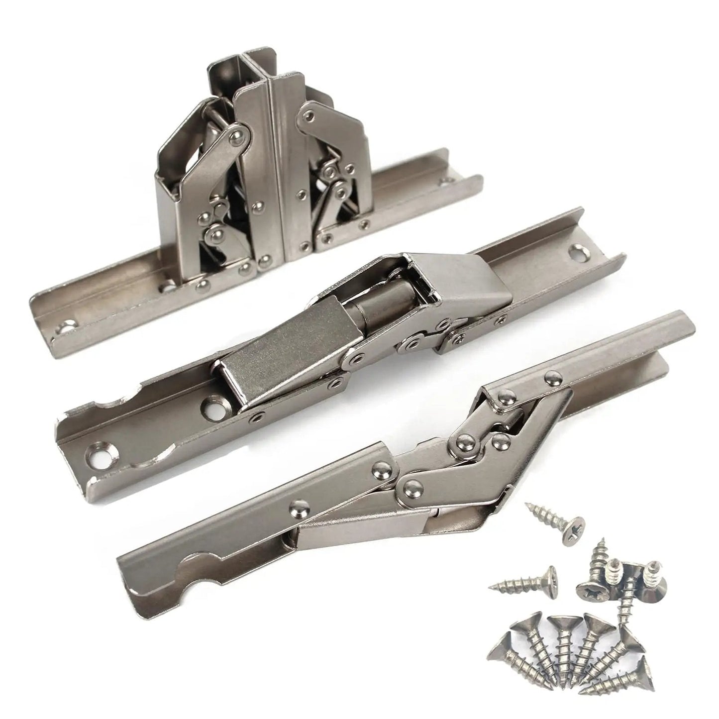 Sleek Invisible Concealed Hydraulic Buffer Cabinet Hinges For Effortless Quiet Closing And Space Saving Design, Built With Heavy Duty Rust Resistant Steel For Wardrobes And Various Doors, Includes A Handy Set Of Four Pieces For Easy Installation And Long displayed with screws and accessories.