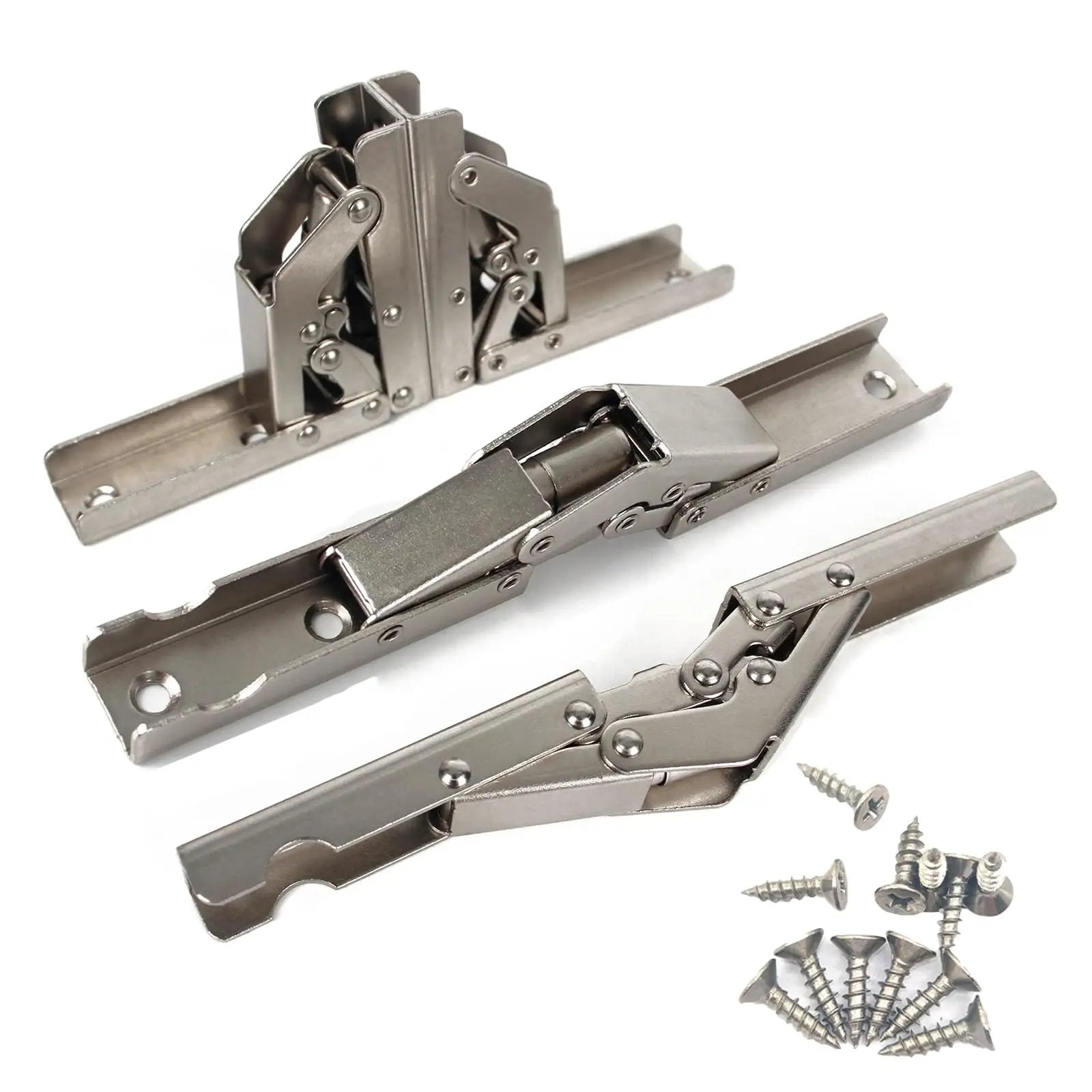 Sleek Invisible Concealed Hydraulic Buffer Cabinet Hinges For Effortless Quiet Closing And Space Saving Design, Built With Heavy Duty Rust Resistant Steel For Wardrobes And Various Doors, Includes A Handy Set Of Four Pieces For Easy Installation And Long displayed with screws and accessories.