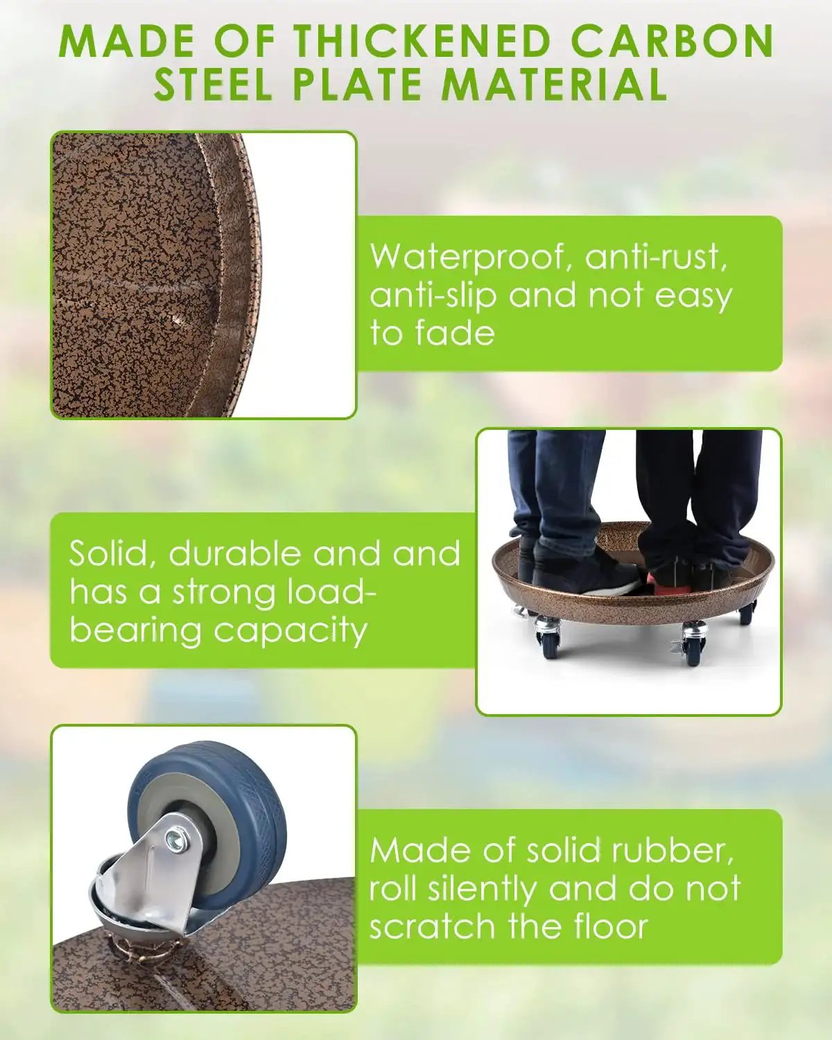 2 Pack 15.7 Inch Large Plant Stand With Lockable Wheels Heavy Duty, showing carbon steel material and caster details