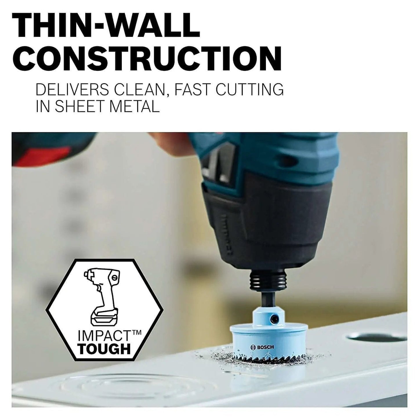 Edge Impact Tough Seven Eighths Inch Hole Saw For Sheet Metal With 2X Life Bi Metal 8 TPI Teeth And Depth Stop For Clean Fast Cuts In High Torque Drills By Bosch during use