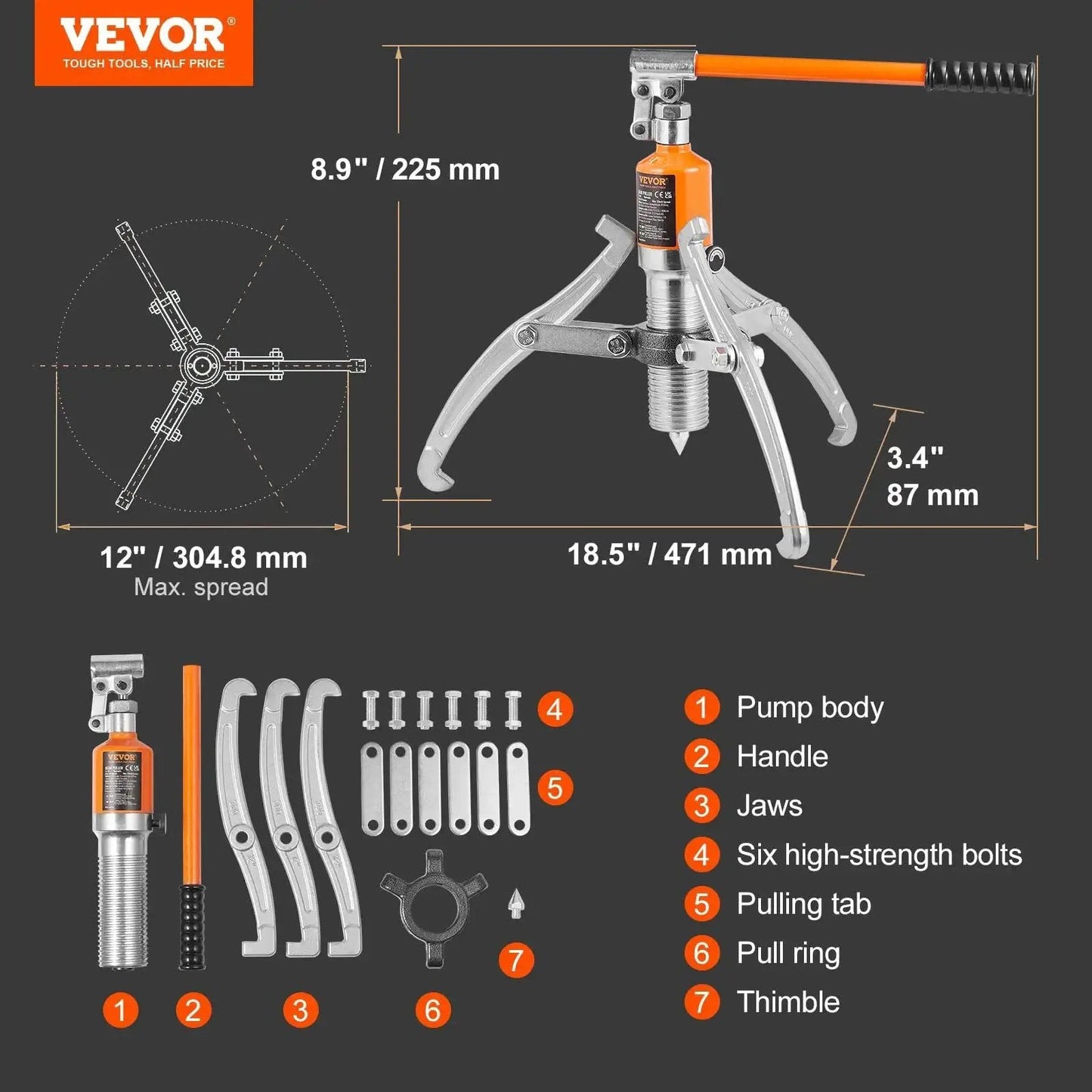 Diagram of 15 Ton Hydraulic Gear Puller With 12in Jaws For Bearing Removal Case Included, showing parts and dimensions.