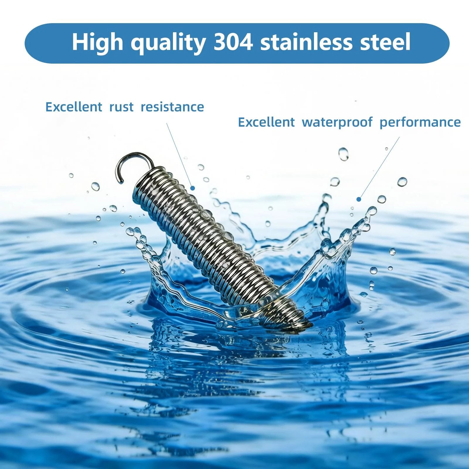 Heavy Duty 6.5 Inch Stainless Steel Extension Springs With Hook Ends Pack Of 12 submerged in water, showcasing rust resistance.
