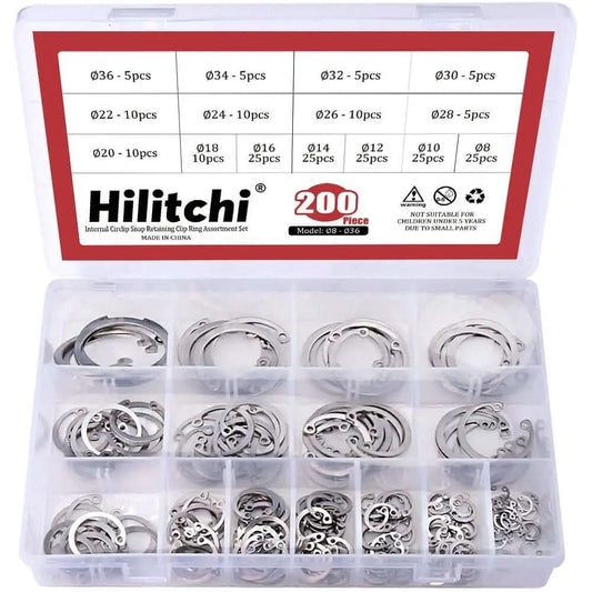 Internal Circlip Snap Ring Kit 200-Piece 15-Size Assortment In 304 Stainless Steel for Rust-Resistant Retaining Rings in box