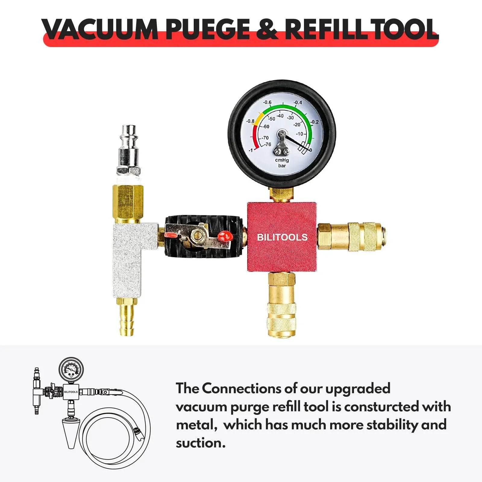 Radiator Cooling System Pressure Tester And Vacuum Refill Kit For Cars And Trucks gauge and fittings detail by BilTools.