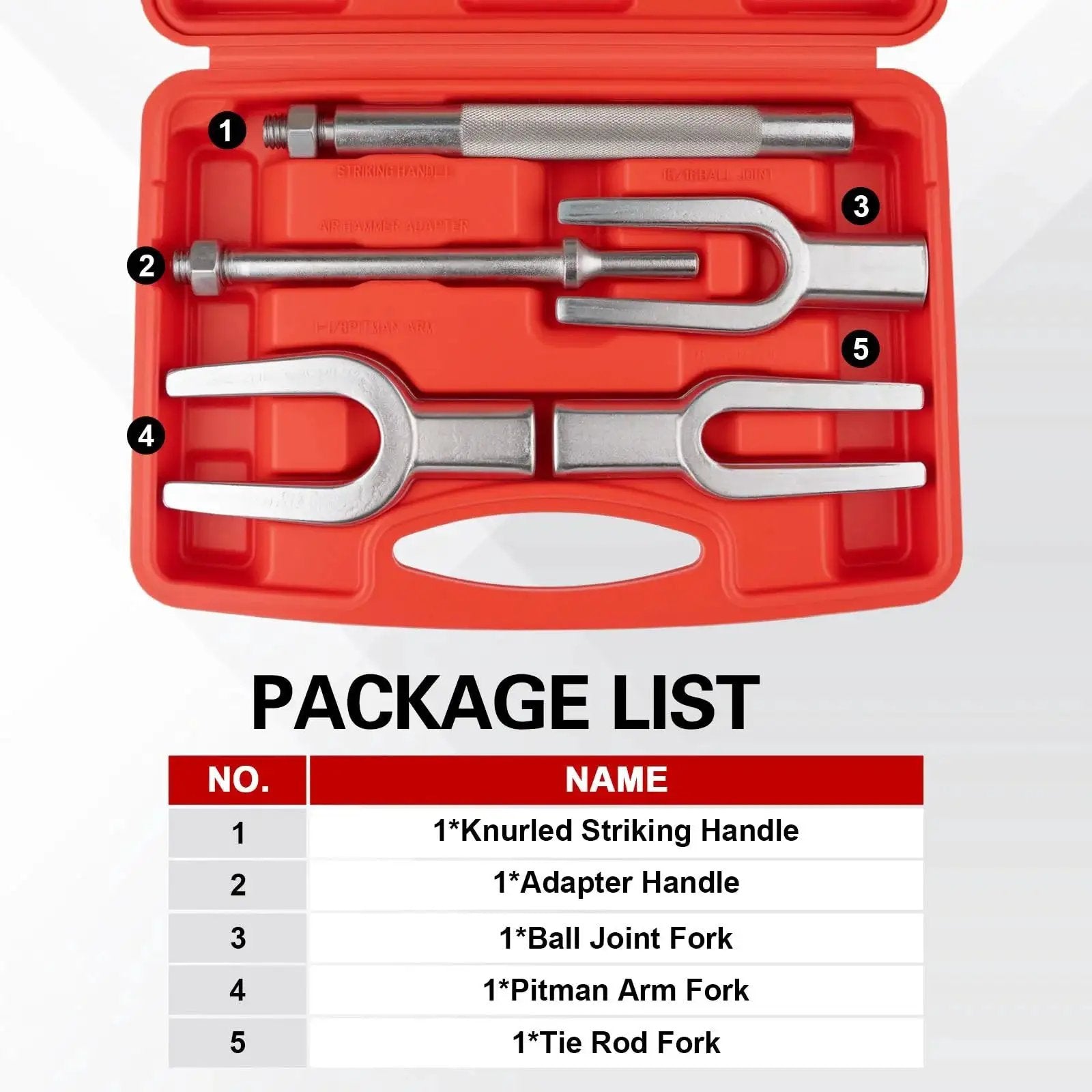 Heavy Duty Ball Joint Separator With Three Fork Sizes For Pitman Arm And Tie Rod Removal in red carrying case