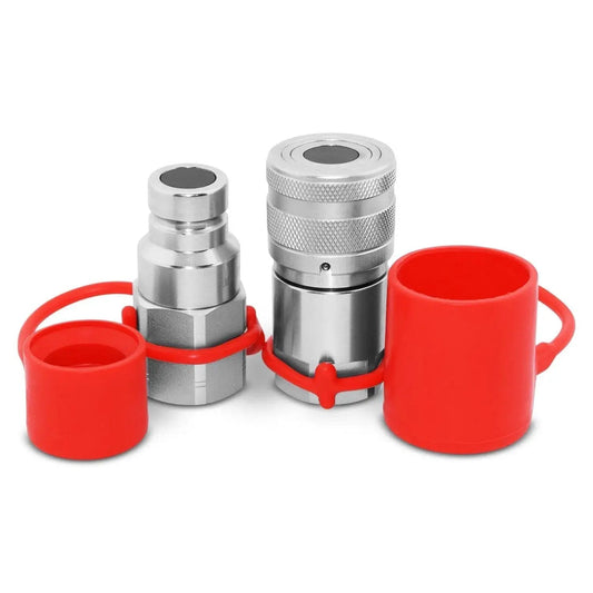 Flat Face High Flow Quick Disconnect Couplers Set For Skid Steer Hydraulics With Three Quarter Inch Body And Three Quarter Inch NPT Threads ISO 16028 Interchangeable Swap Ready Heavy Duty Build Includes Dust Caps shown in front view