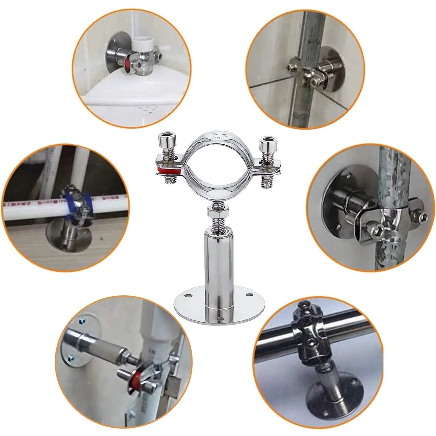 2 Pack Wall and Ceiling Pipe Mount Clamps 304 Stainless Steel Rubber Cushioned and Rust Resistant Waterproof and Oil Proof Adjustable Height 30 to 60mm Fits 15 to 19mm OD Pipes Heavy Duty Pipe Supports for Home and Workshop, showing various installation views