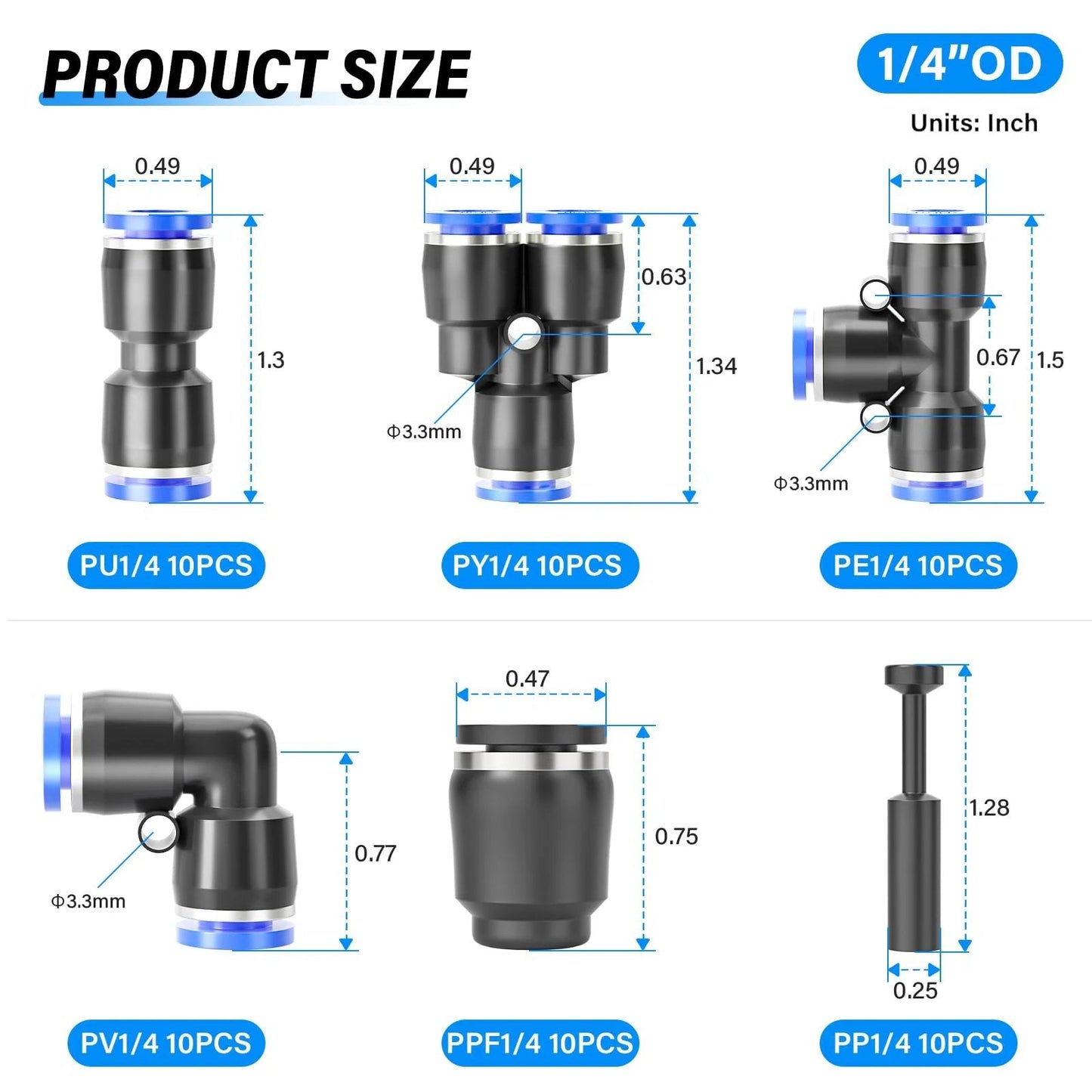 One Quarter Inch Push To Connect Pneumatic Fittings Kit With Sixty Pieces Including Ten Tees Ten Elbows Ten Straights Ten PPF And Ten PP Fittings For PU Nylon Soft PE Tubing High Pressure Air Up To 145 PSI Easy Install dimensions