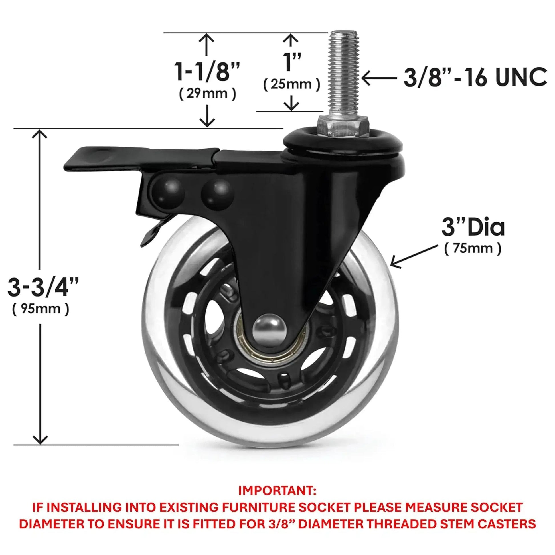 Three Eighths Inch 16 UNC Threaded Stem Rubber Caster Wheels With Brakes And Locks, side view with dimensions shown.