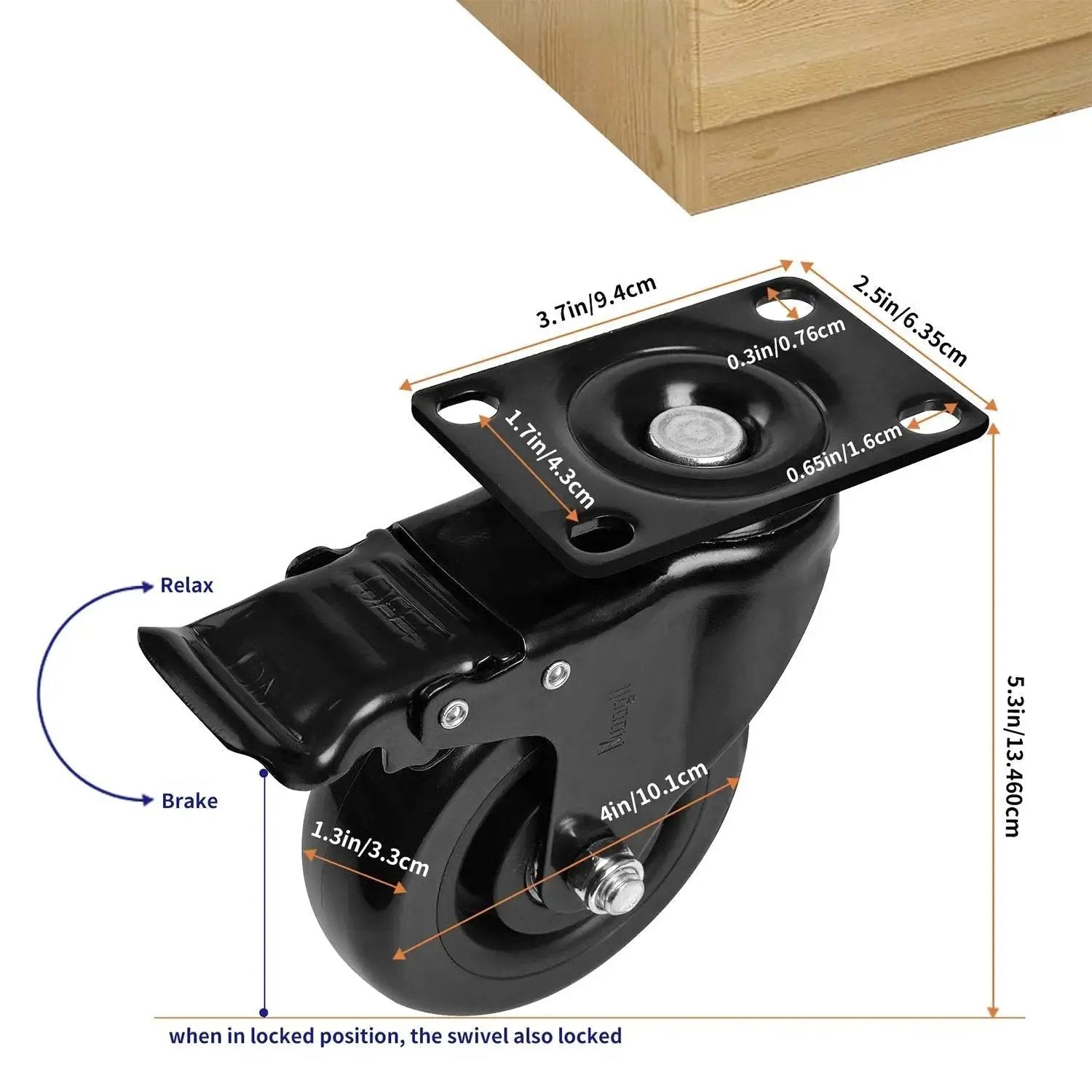 4 Inch Swivel Caster Wheels With Safety Dual Locking Brakes Heavy Duty 1800 Lbs Capacity, close-up of black non-marking polyurethane caster.
