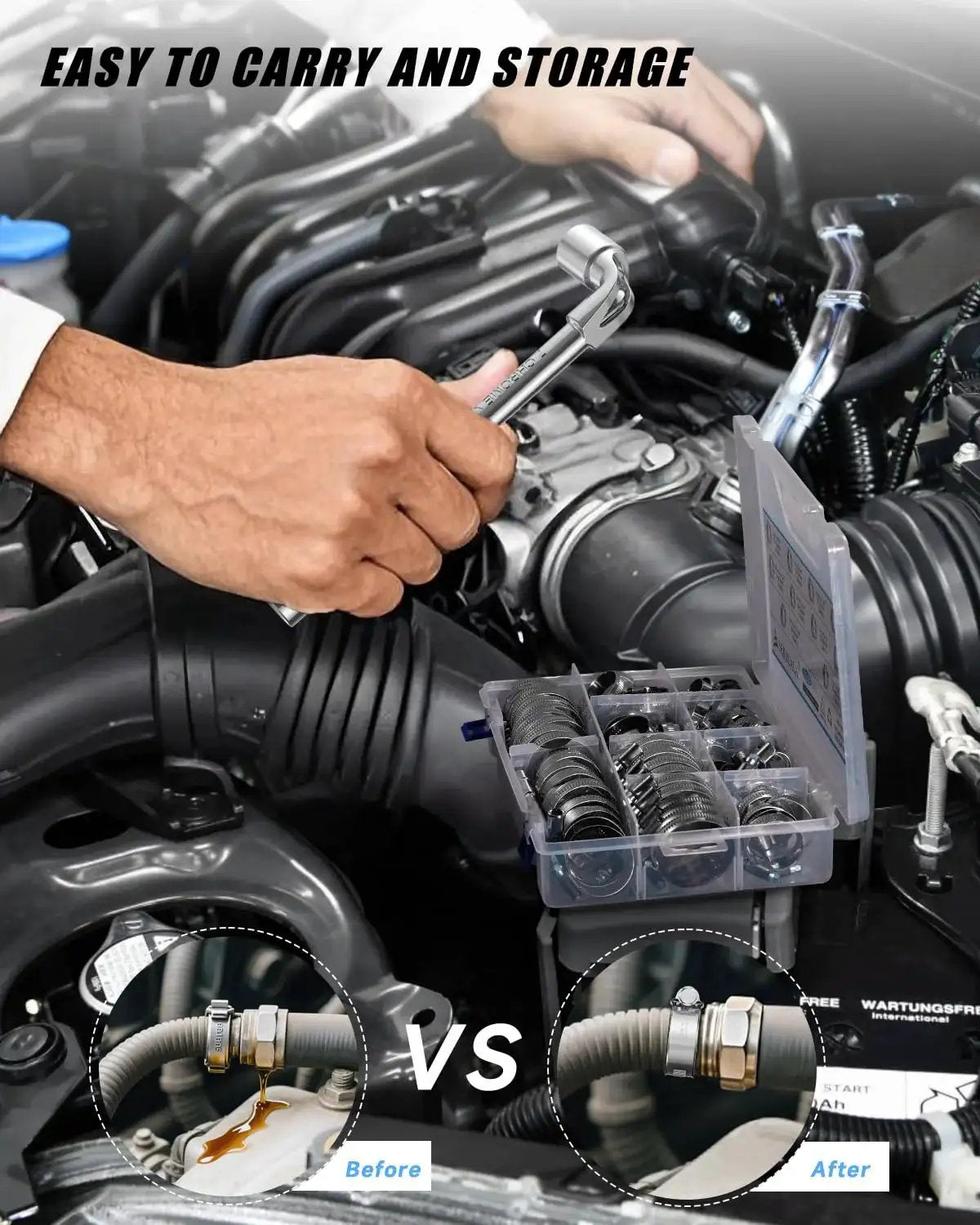 Mechanic using Heavy Duty 120Pc Hose Clamp Set With 304 Stainless Steel Worm Gear Drive Clamps on car engine, open kit box visible.