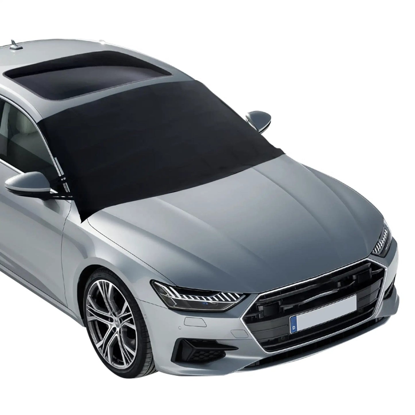 Windshield Cover for Ice and Snow, Heavy Duty 600D Oxford Fabric, Waterproof Frost Shield for Cars SUVs Trucks, one size fits most, installed on a grey car.