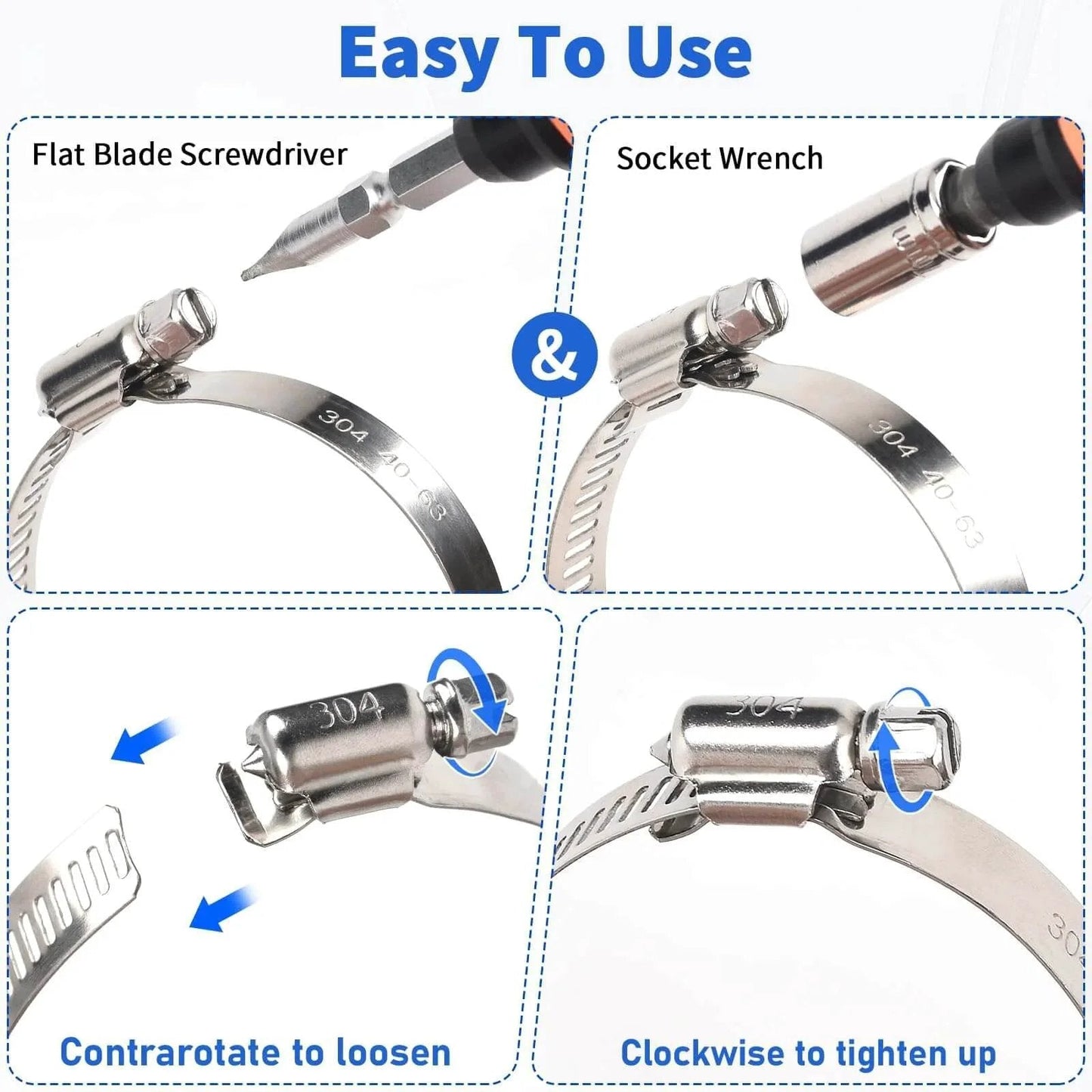 Hose Clamps Set Of Ten Stainless Steel Adjustable Worm Gear Clamps for hoses showing use with screwdriver and wrench.