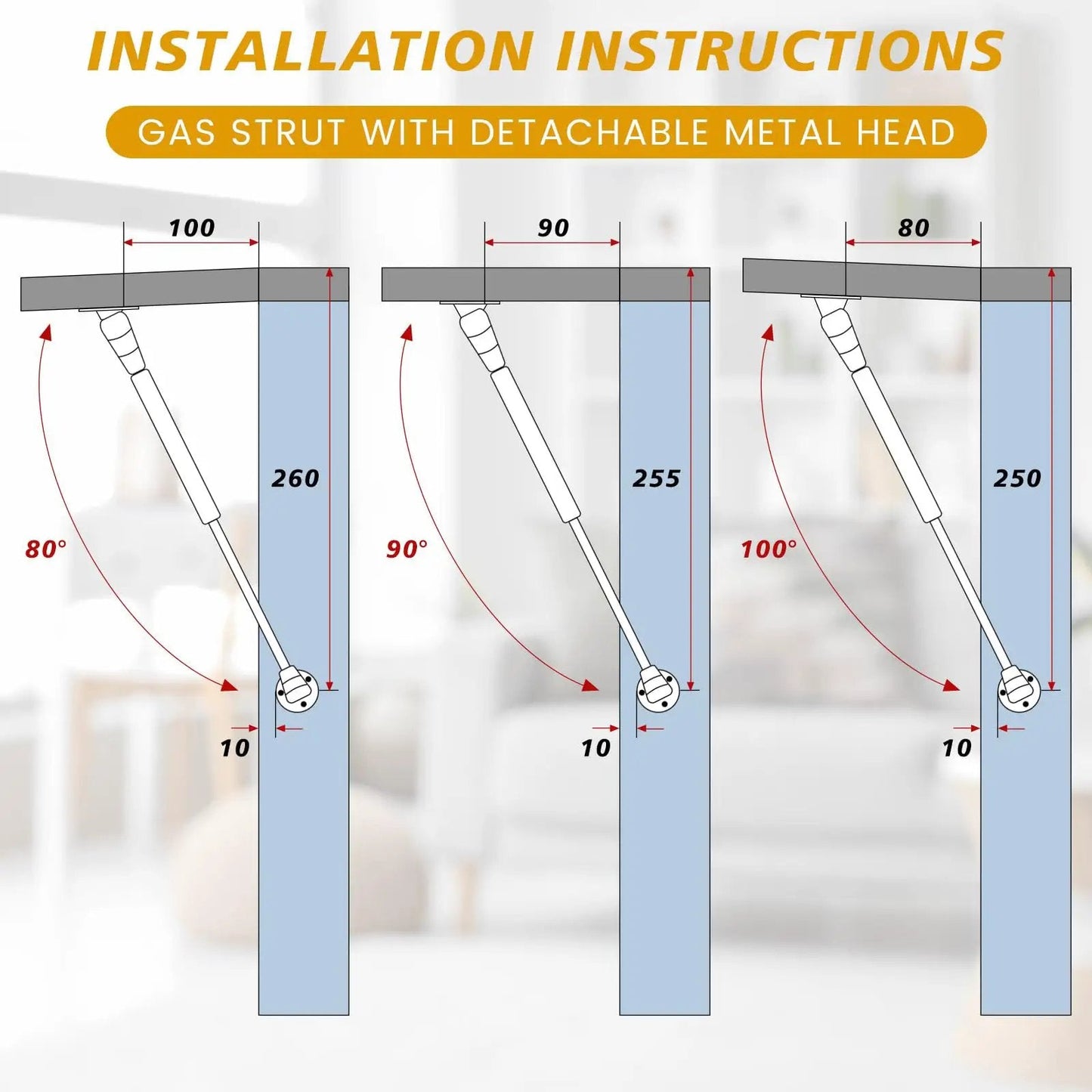 Installation diagram of 30 Pack 10 Inch Gas Struts For Cabinets And Doors With Soft Open Pneumatic Lift For RV Boat Hatch Furniture Lids 100N 22.5lb Heavy Duty Props Includes 29mm Mounts And 49 By 13 Mm Brackets