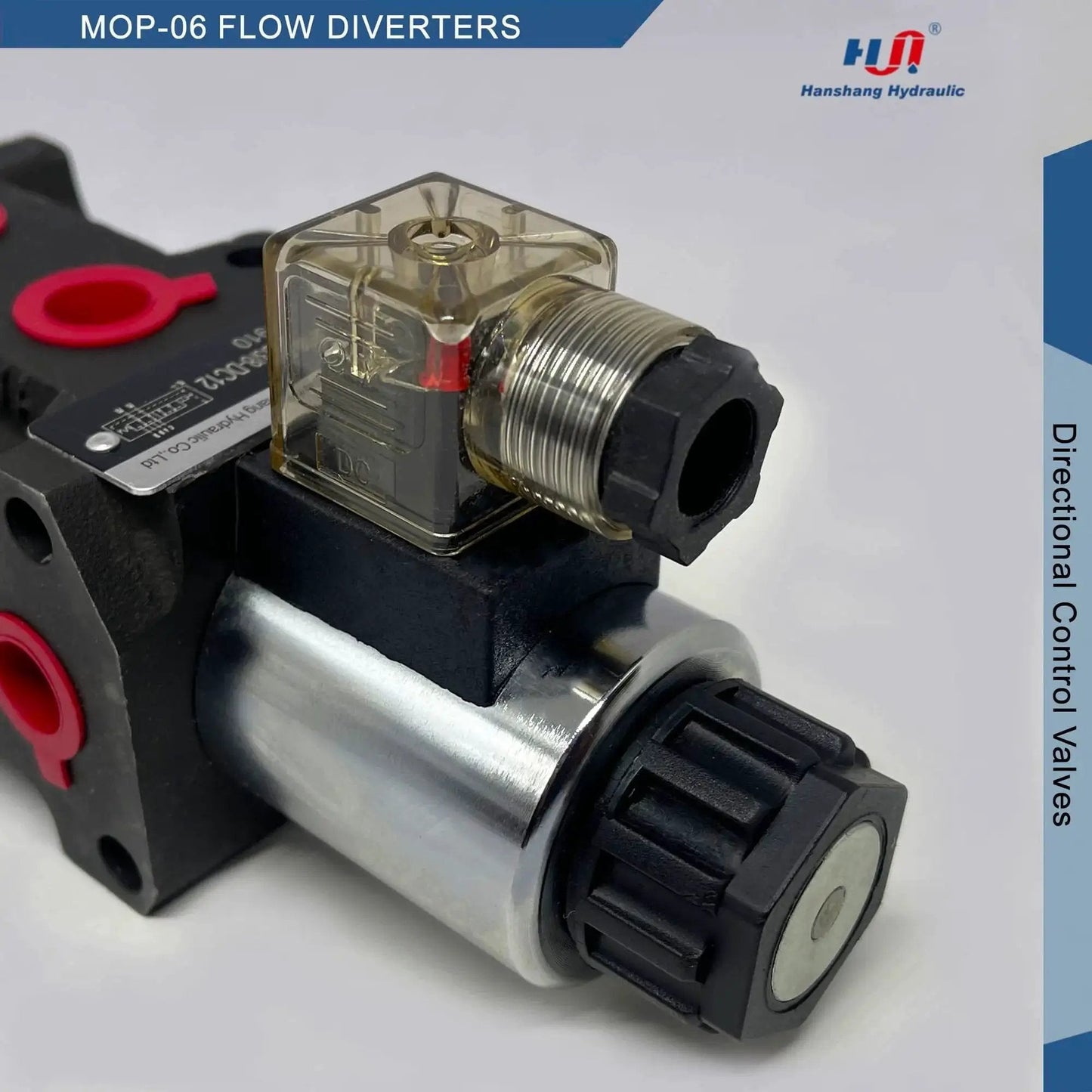Close-up of Hydraulic Solenoid Flow Diverter Valve With Stackable Circuit Selector Go To 6 Port 2 Position 50 LPM 25 MPa G 3 8 12V DC