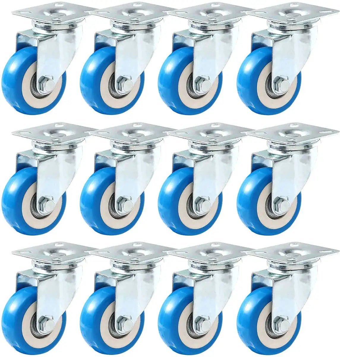 12 Pack Swivel Plate Caster Wheels With 50mm Plate Blue Polyurethane Wheels 360 Degree Swivel No Brake Smooth Silent Roll