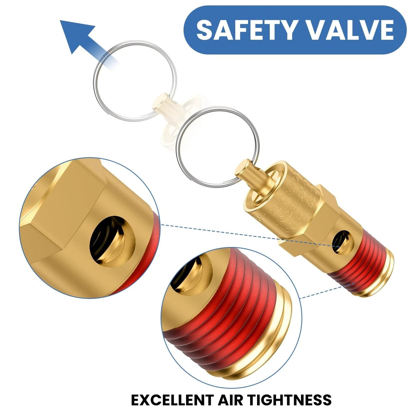 Brass Quarter Inch NPT Safety Valve For Air Compressors, 150 PSI Relief, Tank Pop Off With Secure Pressure Regulation shown close-up.