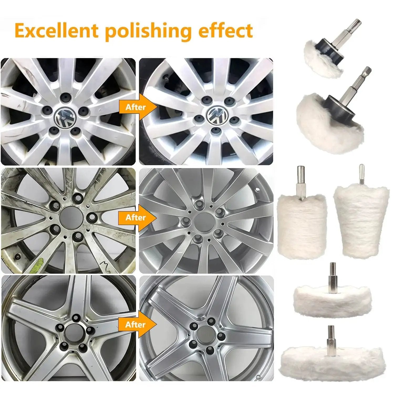Six Piece Drill Buffing Wheel Kit for Polishing Metal Wood Glass Jewelry showing polishing results on car rims.