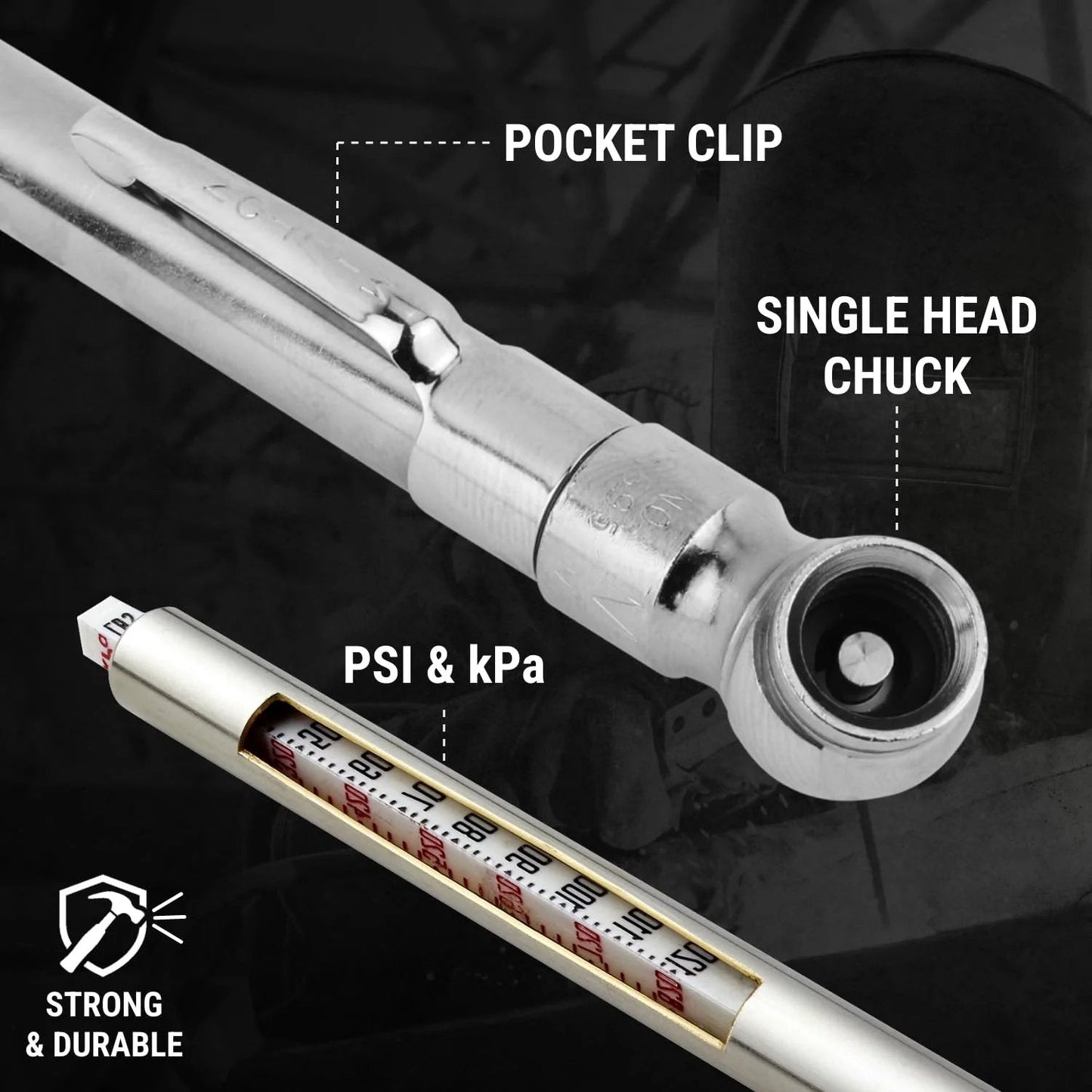 Close-up of Pencil Tire Pressure Gauge For Cars With Built In Deflator Valve Brass Construction That Reads In PSI And KPa