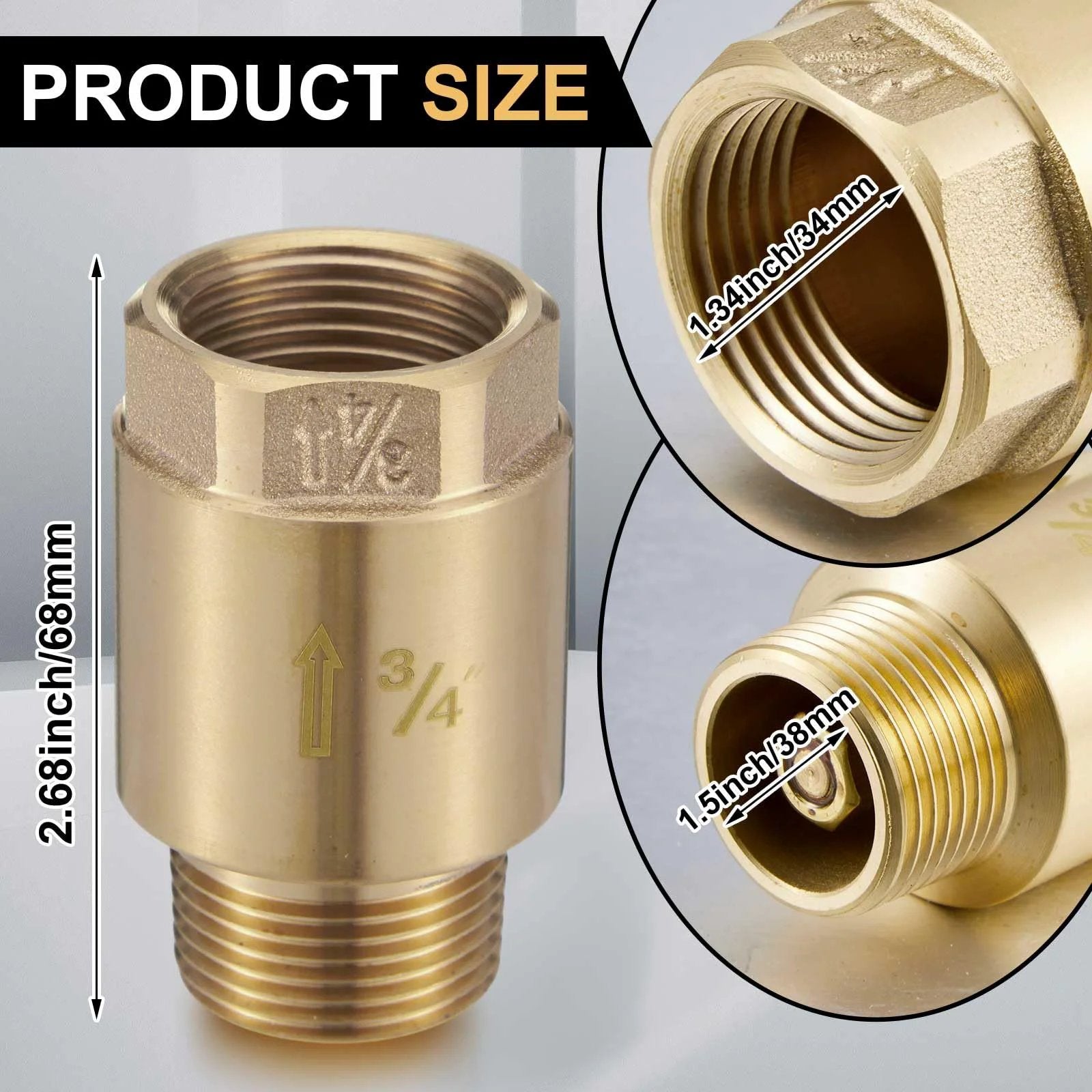 Brass Three Quarter Inch In Line Check Valve Two Pack DIY Friendly With Backflow Prevention One Way Non Return NPT Male To FNPT Outlet For Garden Hose Irrigation Systems Well Pumps And Chemical Industry, showing product size and dimensions.
