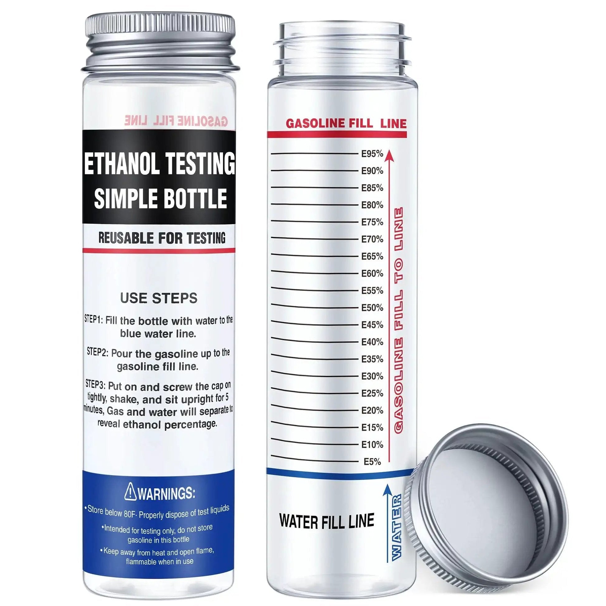 Image of 2 Pack Reusable E85 Ethanol Tester Kit with wide mouth bottles, showing measurement lines and instructions on the label.