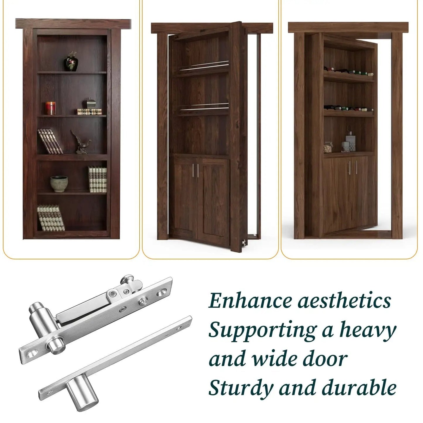 Heavy Duty Hidden Pivot Hinge For Wood Doors Stainless Steel With 360 Degree Rotation Invisible Door Hardware For Secret Bookshelf Doors And Hidden Rooms Smooth Quiet Operation Modern Concealed Hardware in use on secret bookshelf door.