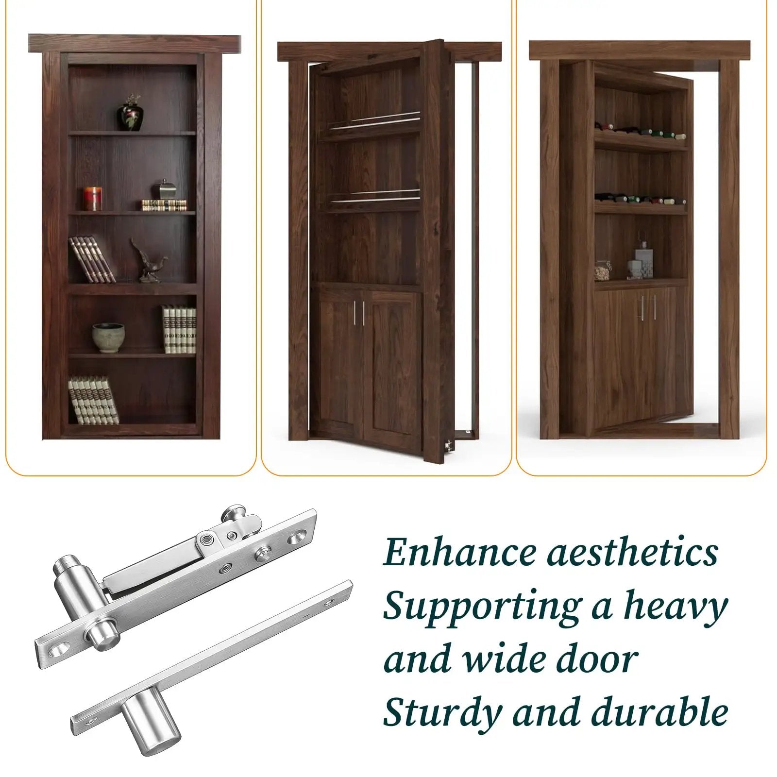 Heavy Duty Hidden Pivot Hinge For Wood Doors Stainless Steel With 360 Degree Rotation Invisible Door Hardware For Secret Bookshelf Doors And Hidden Rooms Smooth Quiet Operation Modern Concealed Hardware in use on secret bookshelf door.