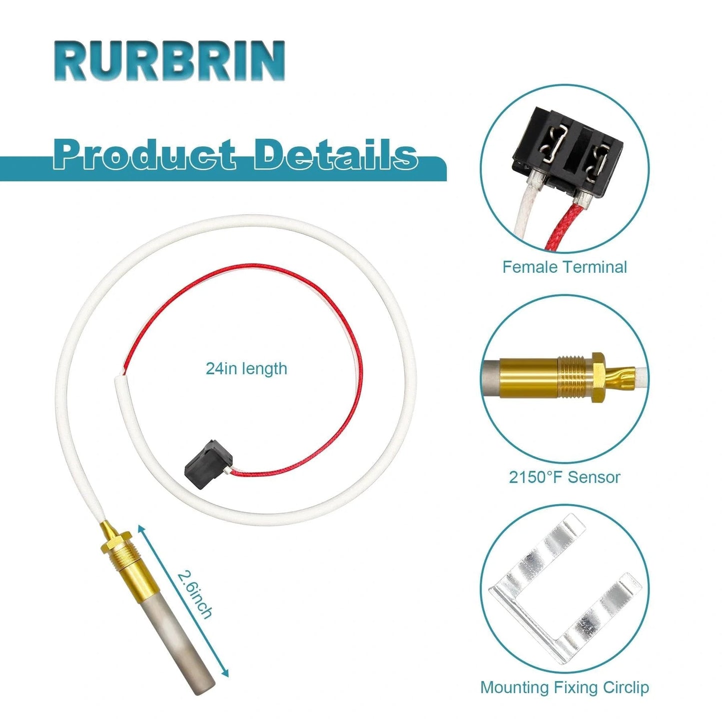 Thermopile Sensor SP20824 for water heaters with wiring, connectors, and detailed dimensions shown.