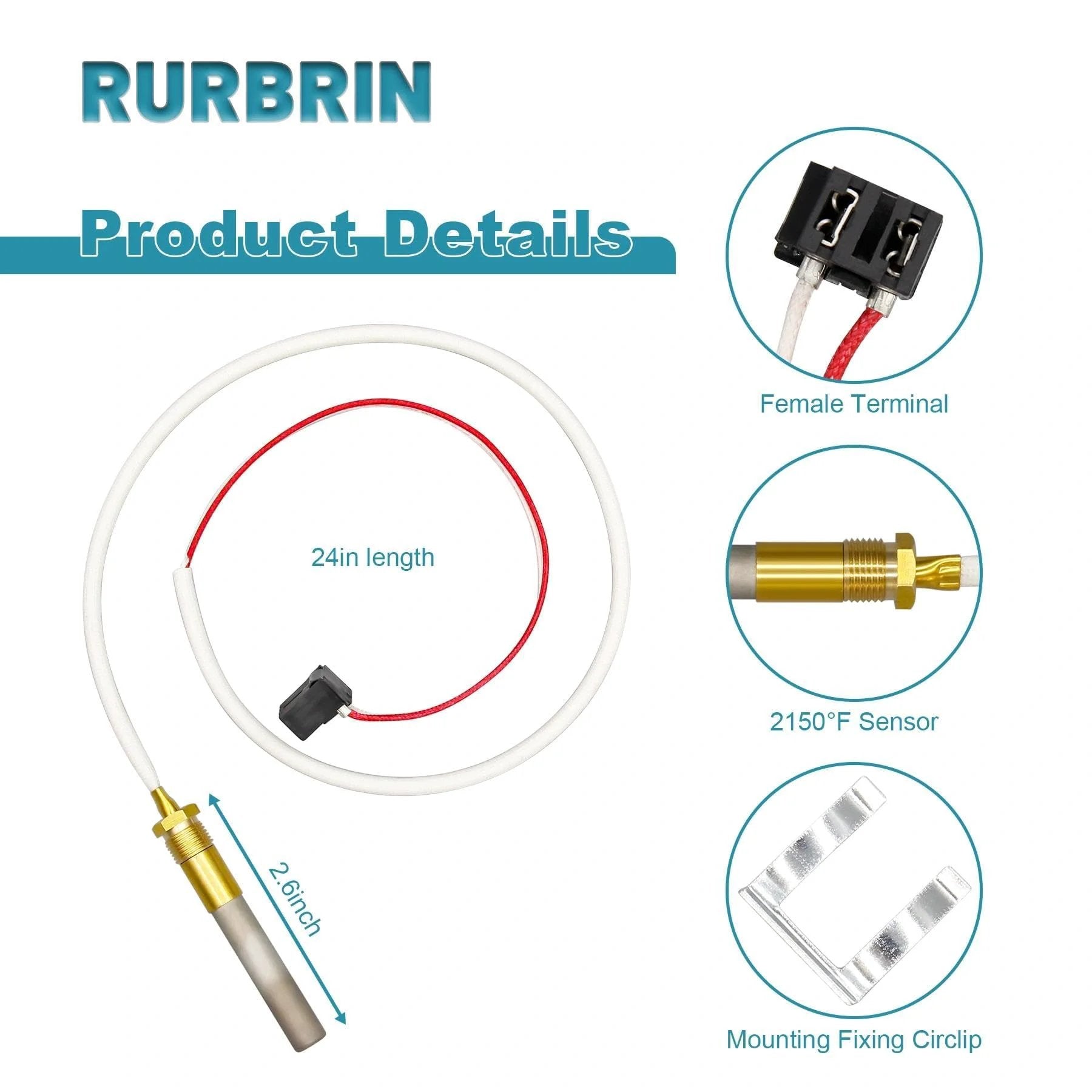 Thermopile Sensor SP20824 for water heaters with wiring, connectors, and detailed dimensions shown.