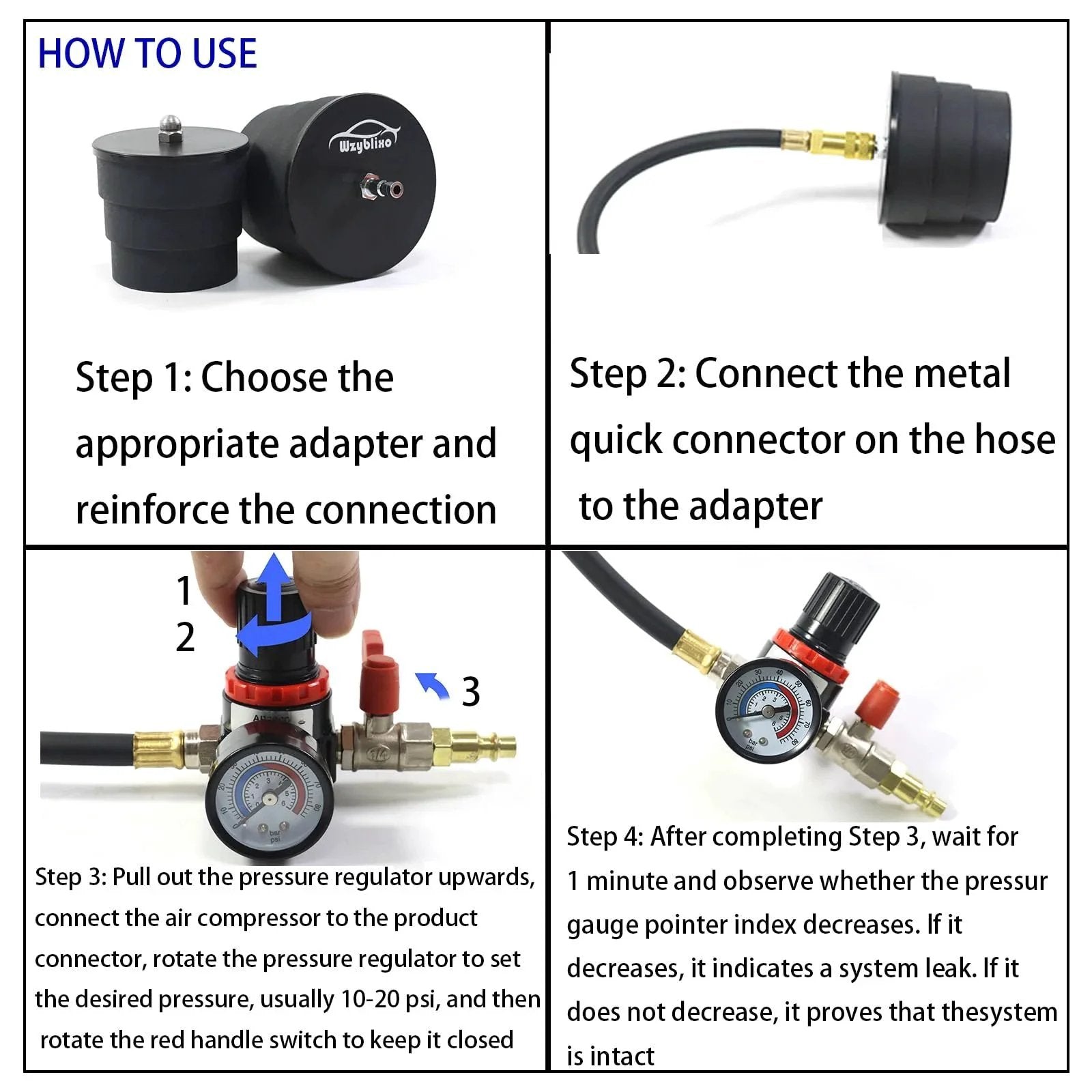 Turbo Boost Leak Tester Kit For Cars And Light Trucks, 9-piece set with adapters, step-by-step usage instructions displayed.
