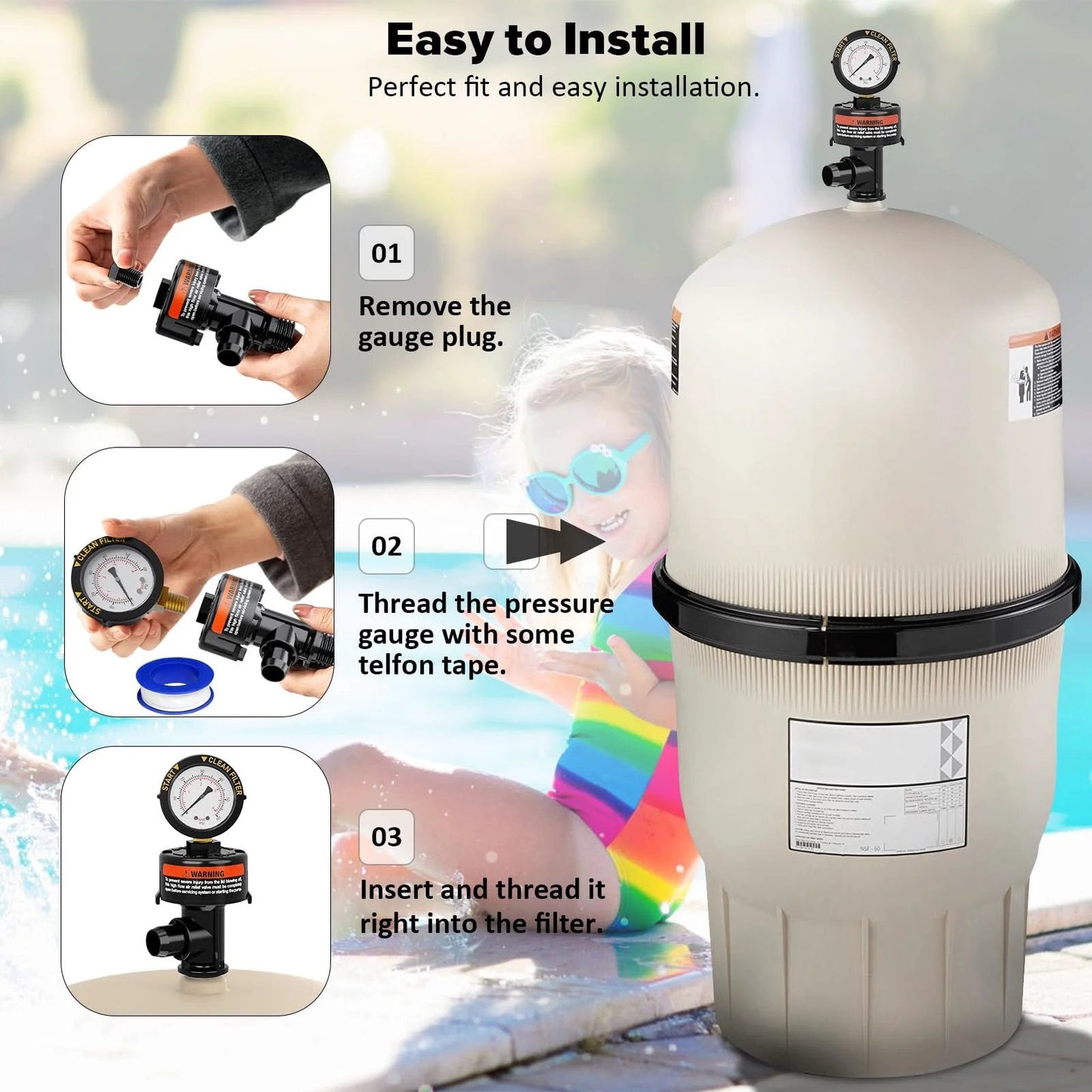 High Flow Manual Air Relief Valve For Pool And Spa Filters With Pressure Gauge Replacement installed on filtering system with steps shown.