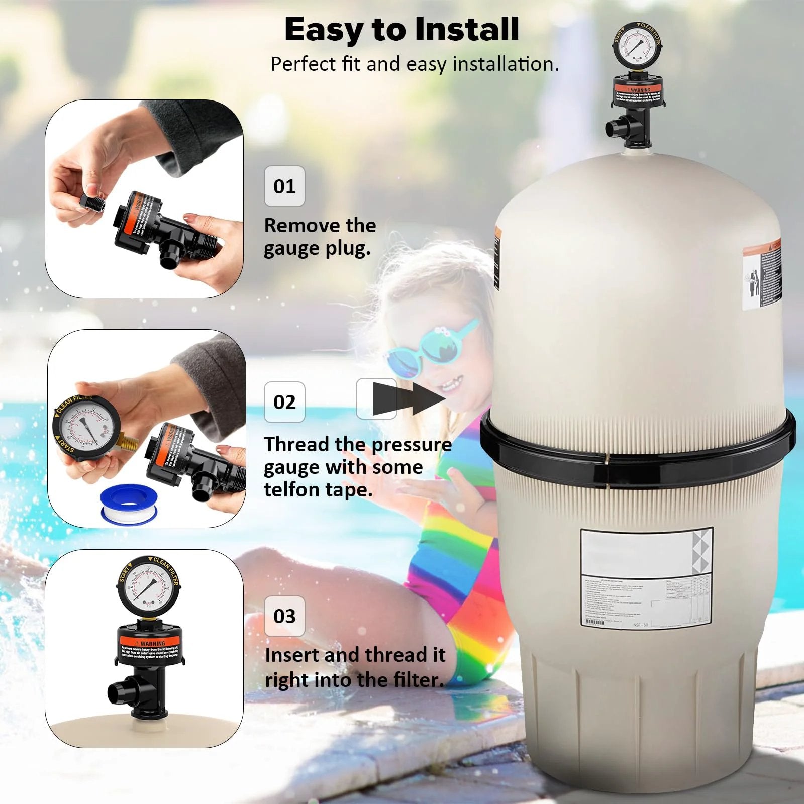 High Flow Manual Air Relief Valve For Pool And Spa Filters With Pressure Gauge Replacement installed on filtering system with steps shown.