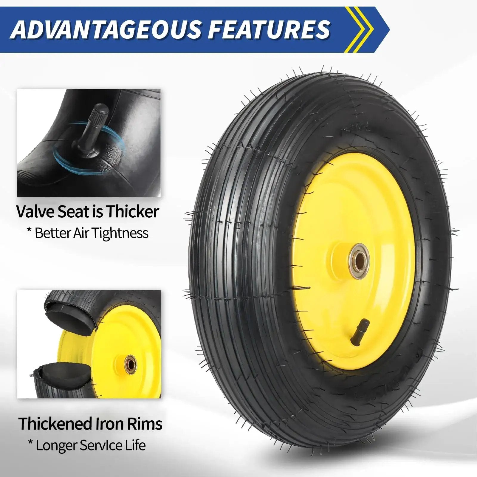 Two Pack 16 Inch Wheelbarrow Tire And Wheel With 4.80 4.00 8 Size Pneumatic Wheel Centered Hub 3 To 6 Inches And Five Eighths Inch And Three Quarters Inch Bearings For Hand Trucks Trolleys Garden Carts And Wagons Explorer Series showing side view with yellow rim and tire features
