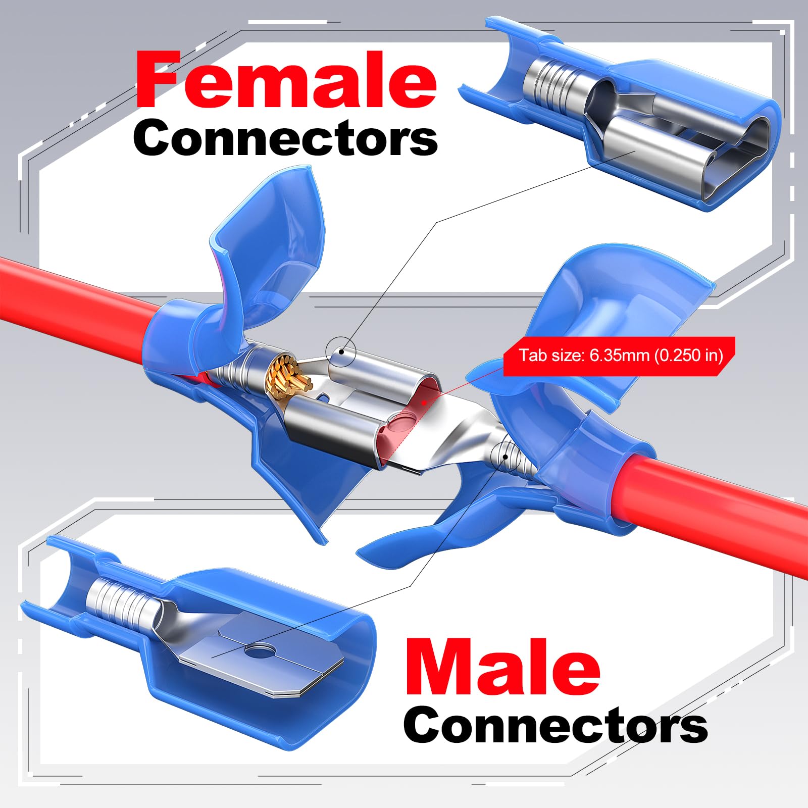 Blue Nylon Insulated Female Spade Connectors For 16-14 AWG Wires Quick Disconnect Crimp Terminals showing internal structure.