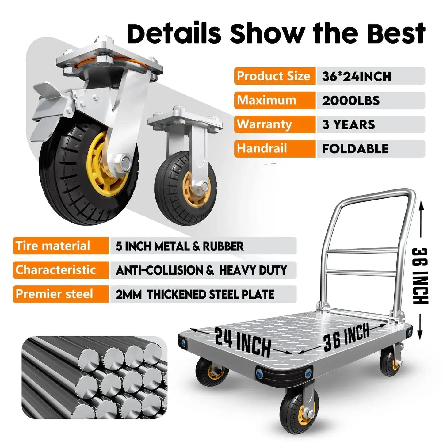 Diagram of Heavy Duty Platform Truck And Flat Moving Cart With 2000 Lbs Capacity Steel Push Cart Dolly, showcasing 36 x 24 flatbed and caster wheels