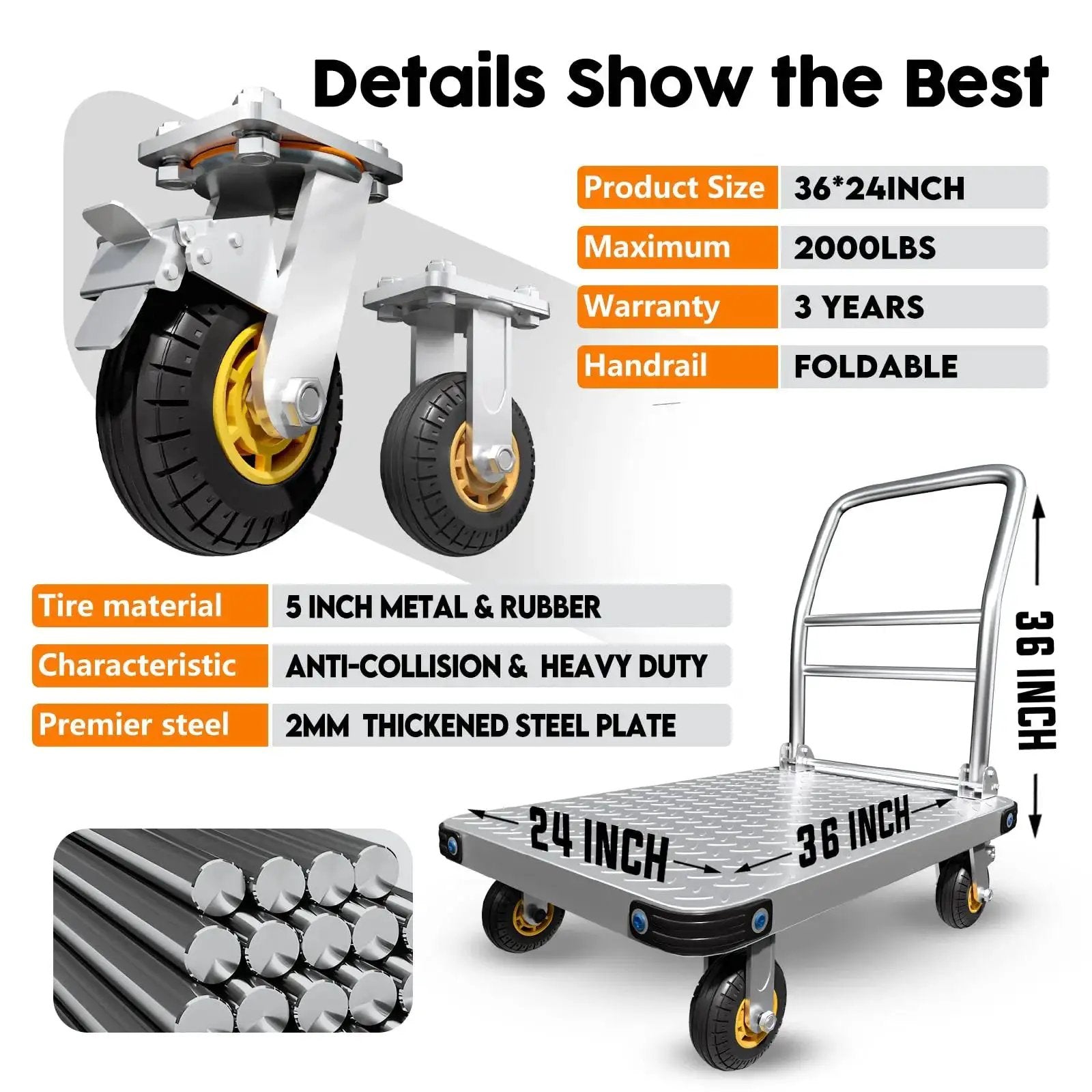 Diagram of Heavy Duty Platform Truck And Flat Moving Cart With 2000 Lbs Capacity Steel Push Cart Dolly, showcasing 36 x 24 flatbed and caster wheels